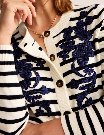 Embroidered Cardigan-Navy/Warm Ivory Stripe