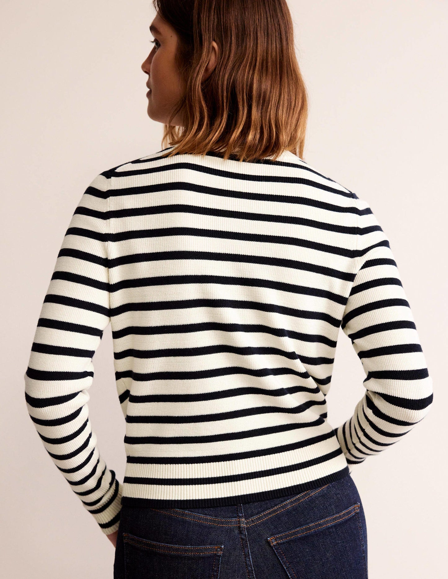 Embroidered Cardigan-Navy/Warm Ivory Stripe