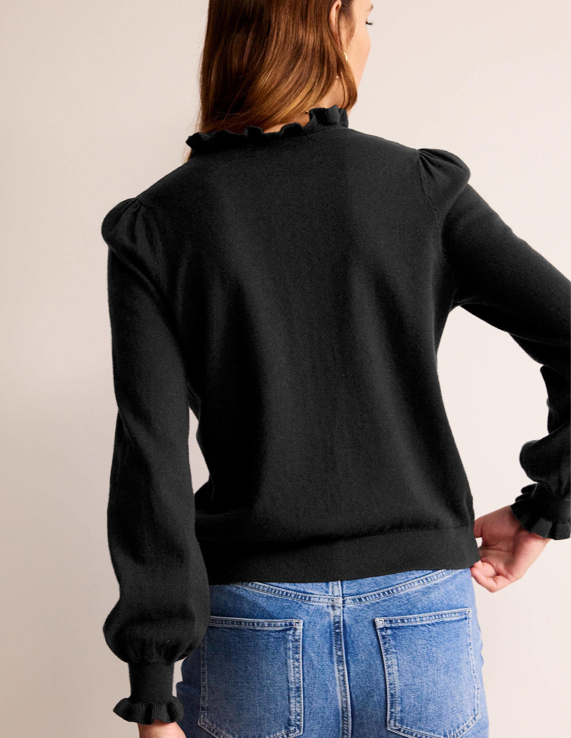Ruffle-Neck Cardigan-Black - Image 3