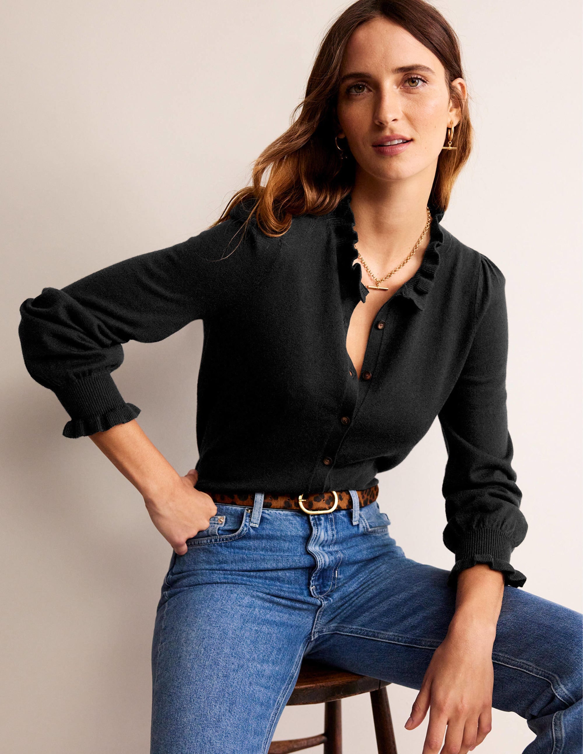 Ruffle-Neck Cardigan-Black - Image 4