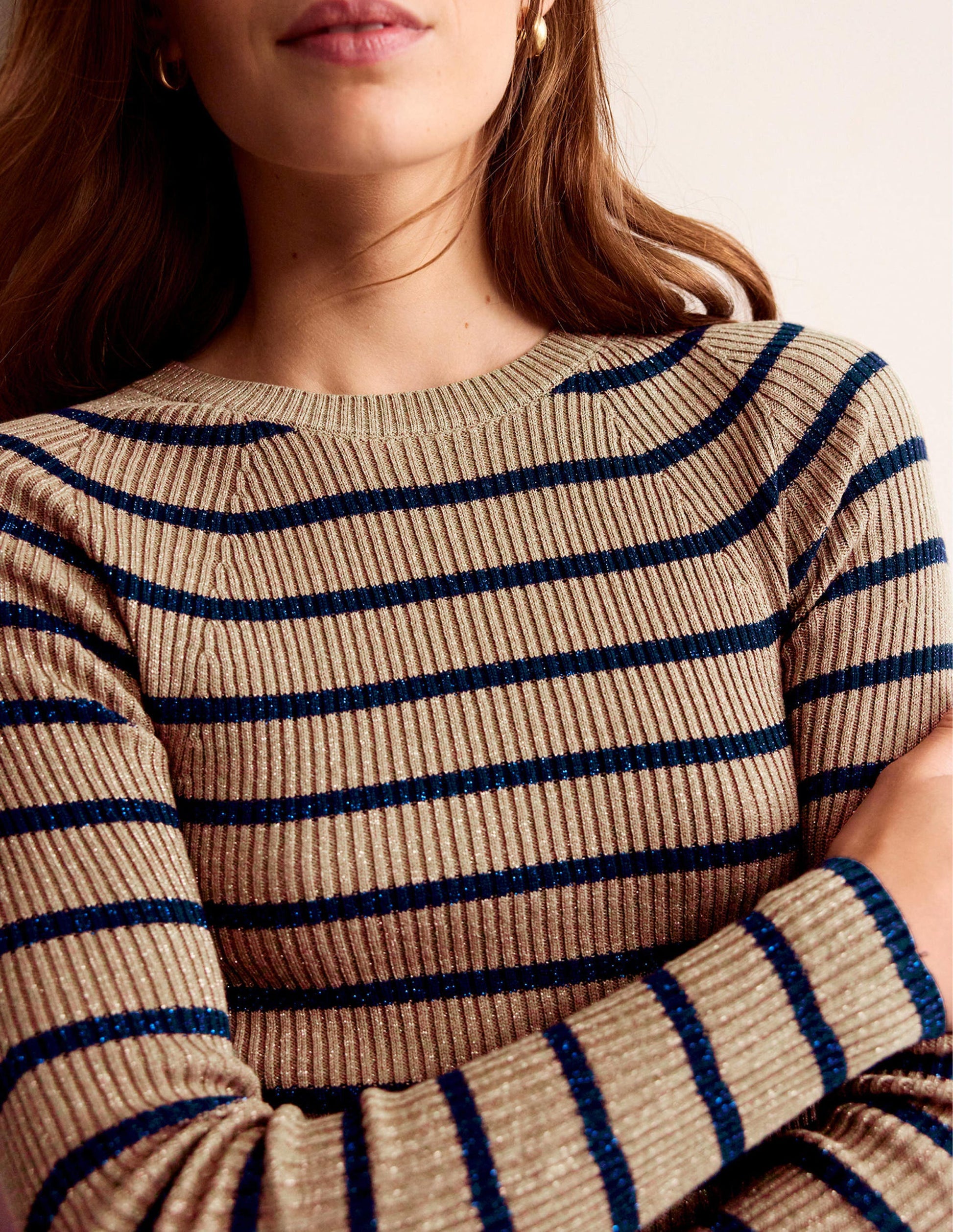 Effie Sparkle Stripe Jumper-Camel and Navy Stripe-2