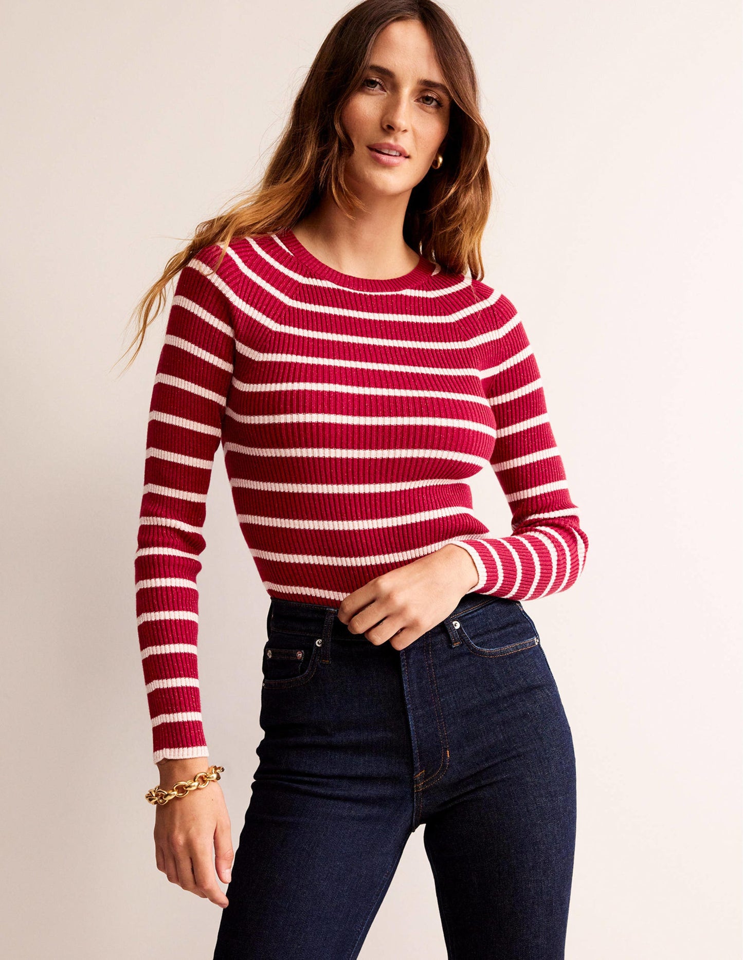 Effie Sparkle Stripe Jumper-Red, Chalky Pink Stripe