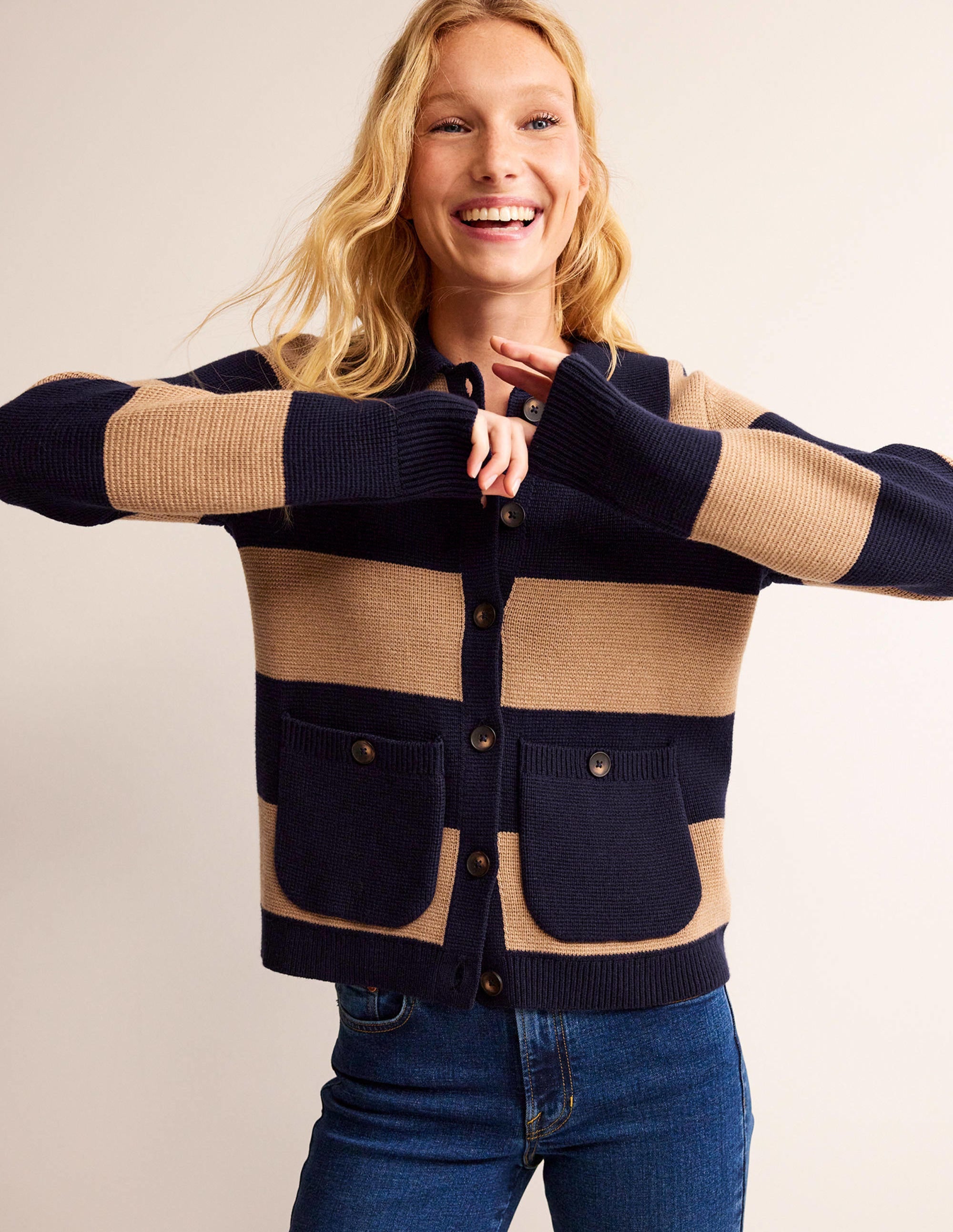 Emily Wool Blend Cardigan-Navy and Camel Melange - Image 1