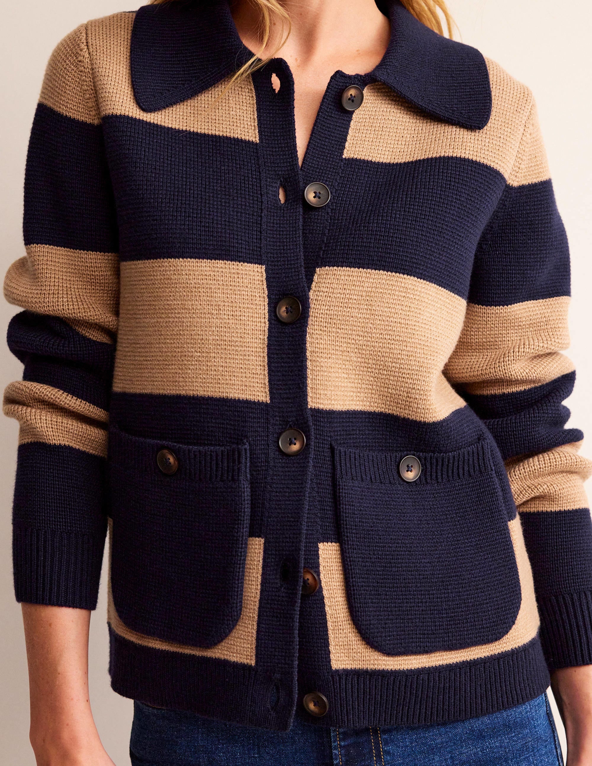 Emily Wool Blend Cardigan-Navy and Camel Melange - Image 2