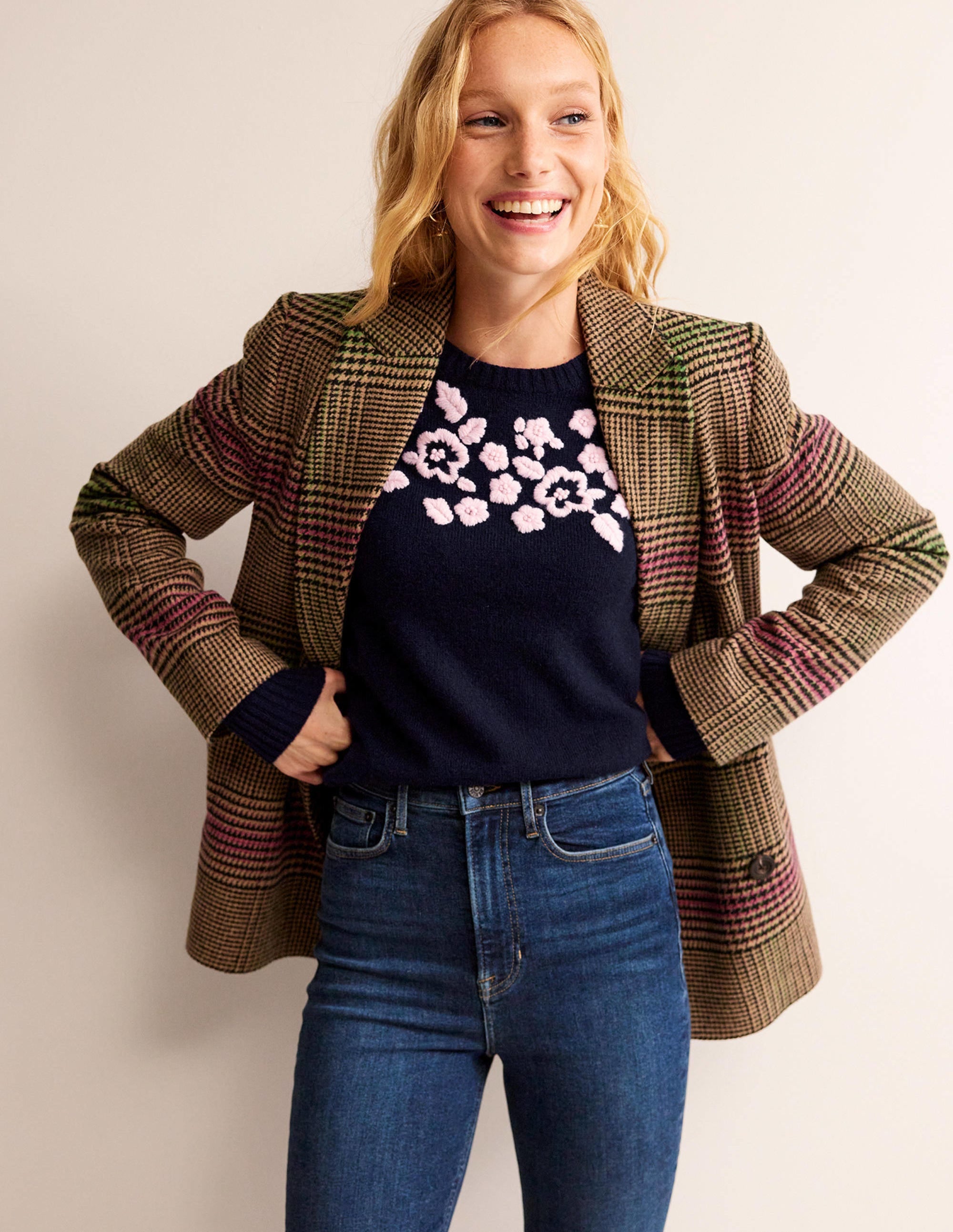 Embroidered Crew Neck Jumper-Navy - Image 1
