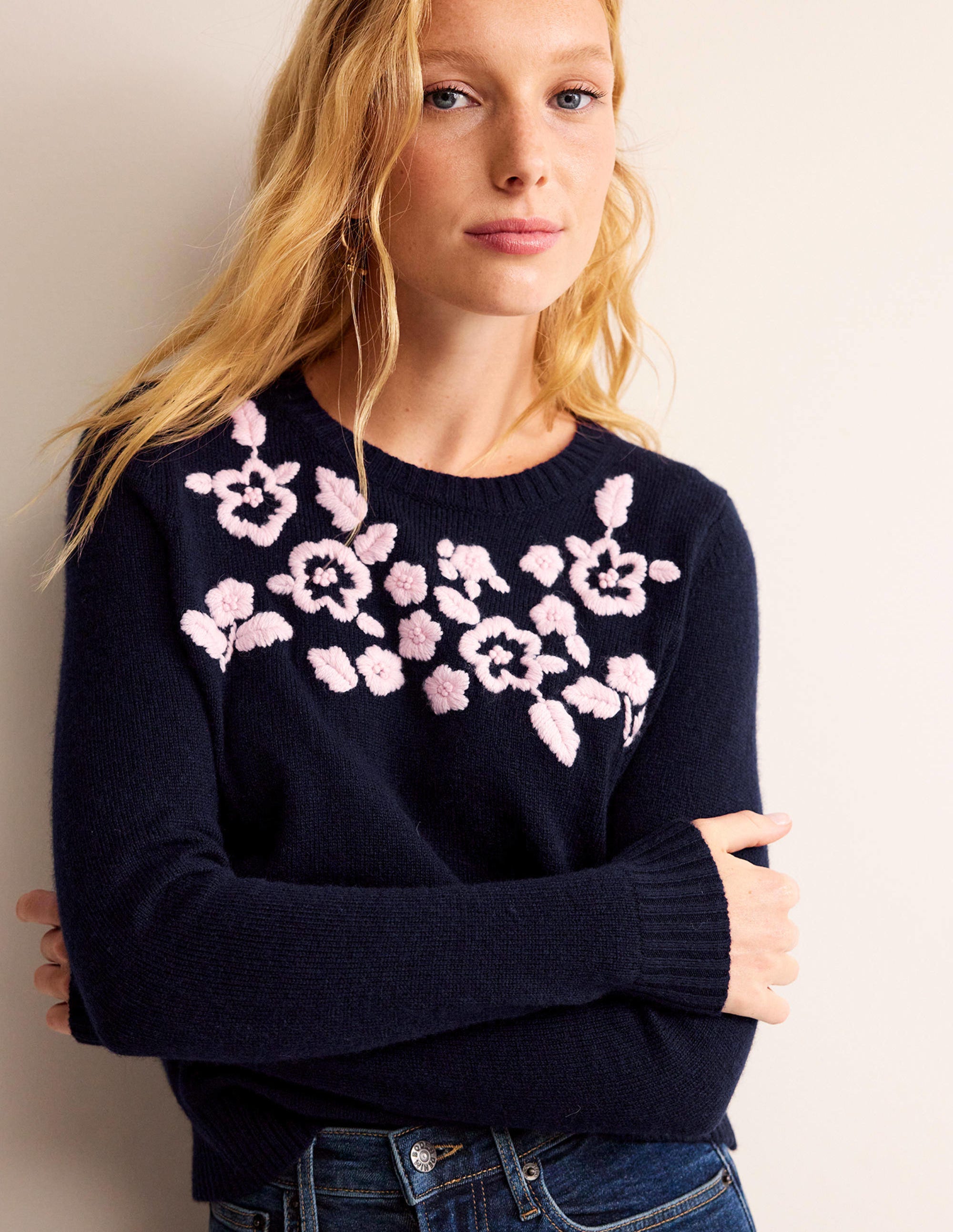 Embroidered Crew Neck Jumper-Navy - Image 2