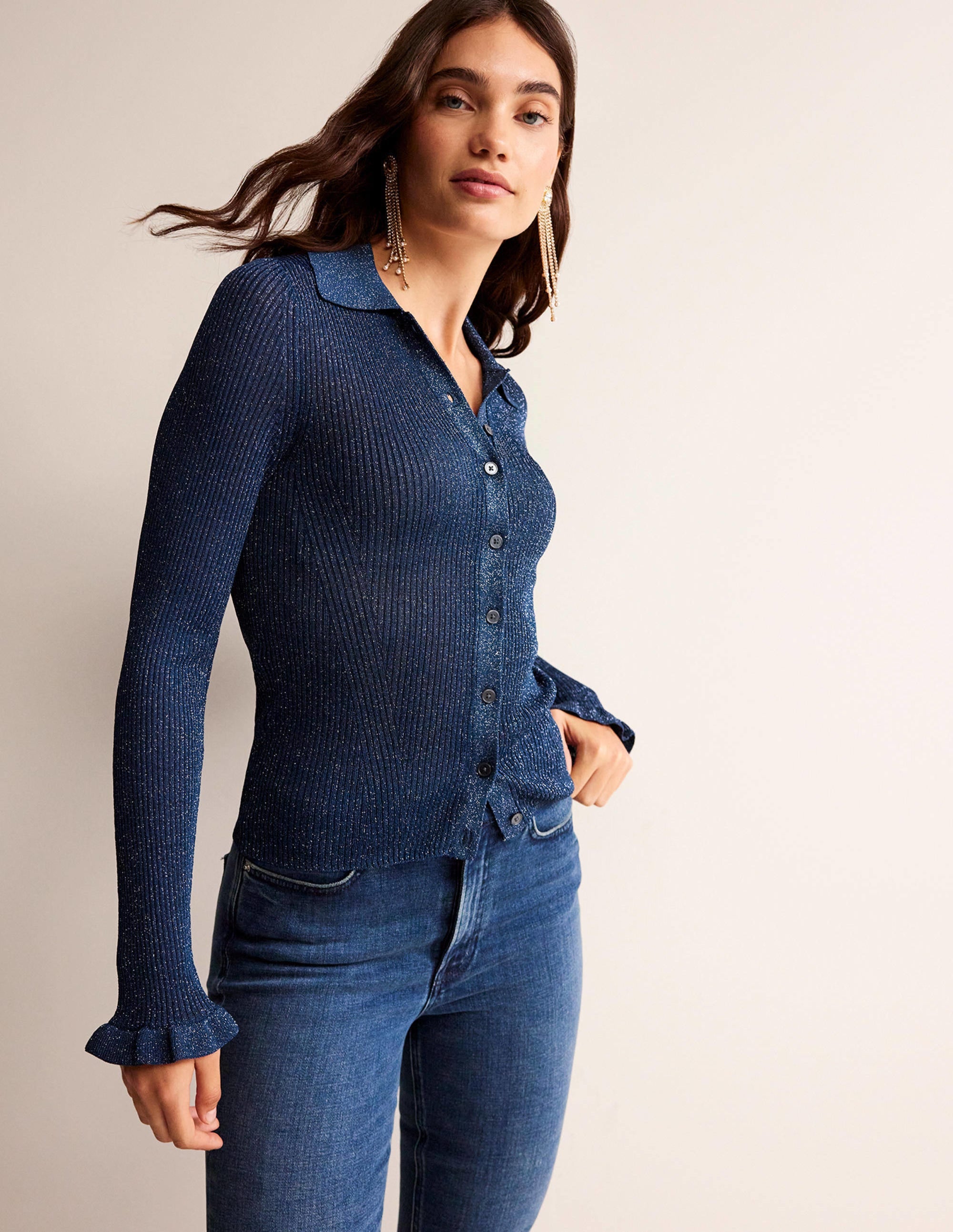 Sparkle-Rib Collared Cardigan-Atlantic Blue - Image 1