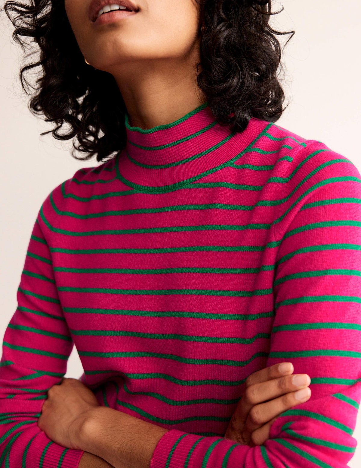 Striped Cashmere Jumper-Vibrant Pink / Veridian Green - Image 2