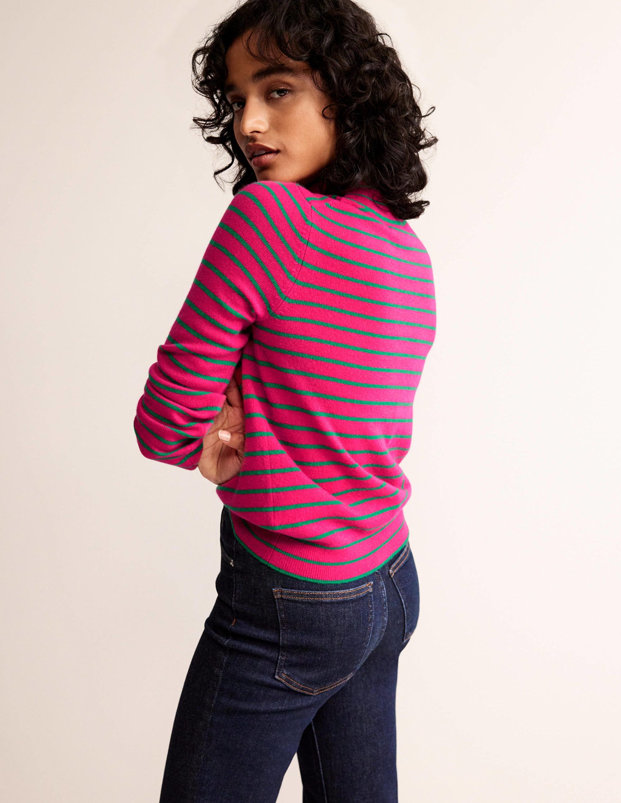 Striped Cashmere Jumper-Vibrant Pink / Veridian Green - Image 3