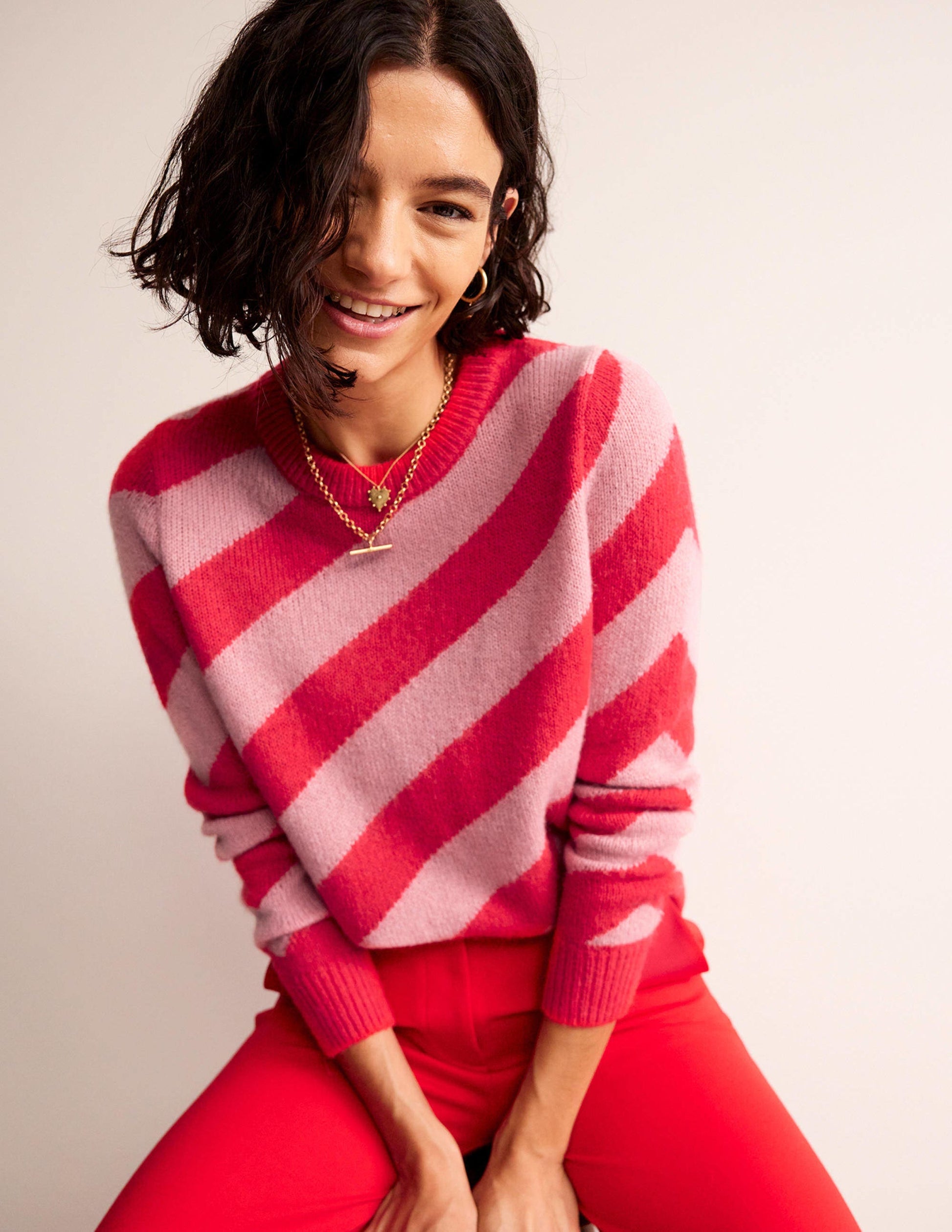 Fluffy Diagonal Stripe Jumper-Pink and Orange Stripe-1