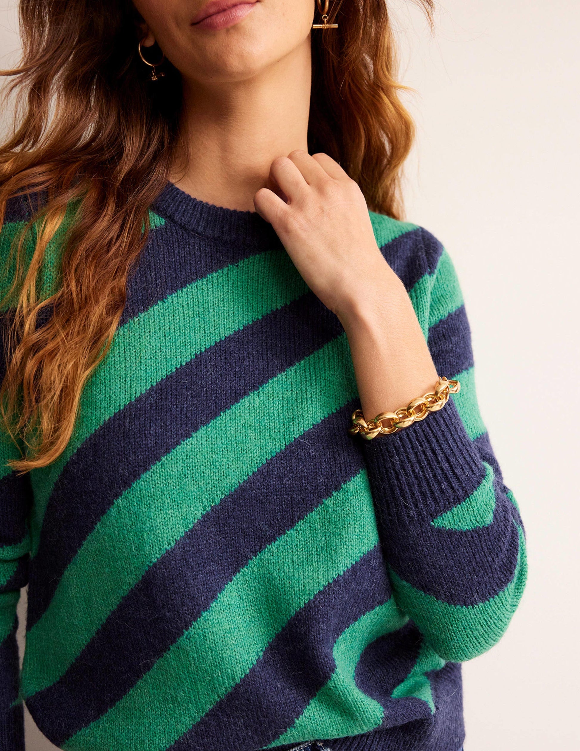Fluffy Diagonal Stripe Jumper-Navy and Green Stripe-2
