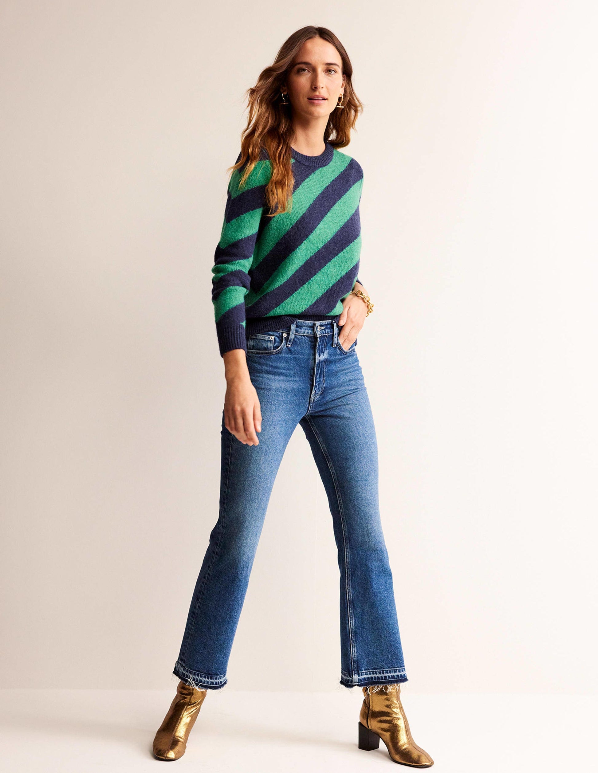 Fluffy Diagonal Stripe Jumper-Navy and Green Stripe-4