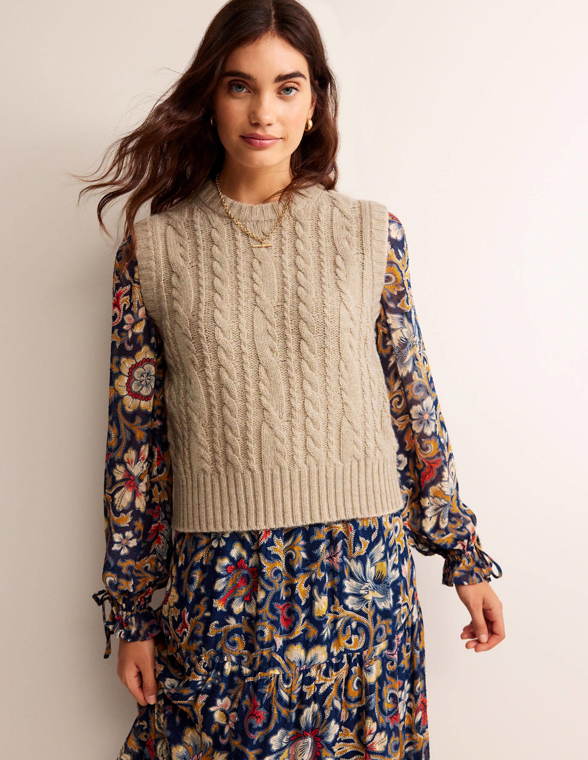 Cable Crew Neck Tank-Chinchilla Melange-2