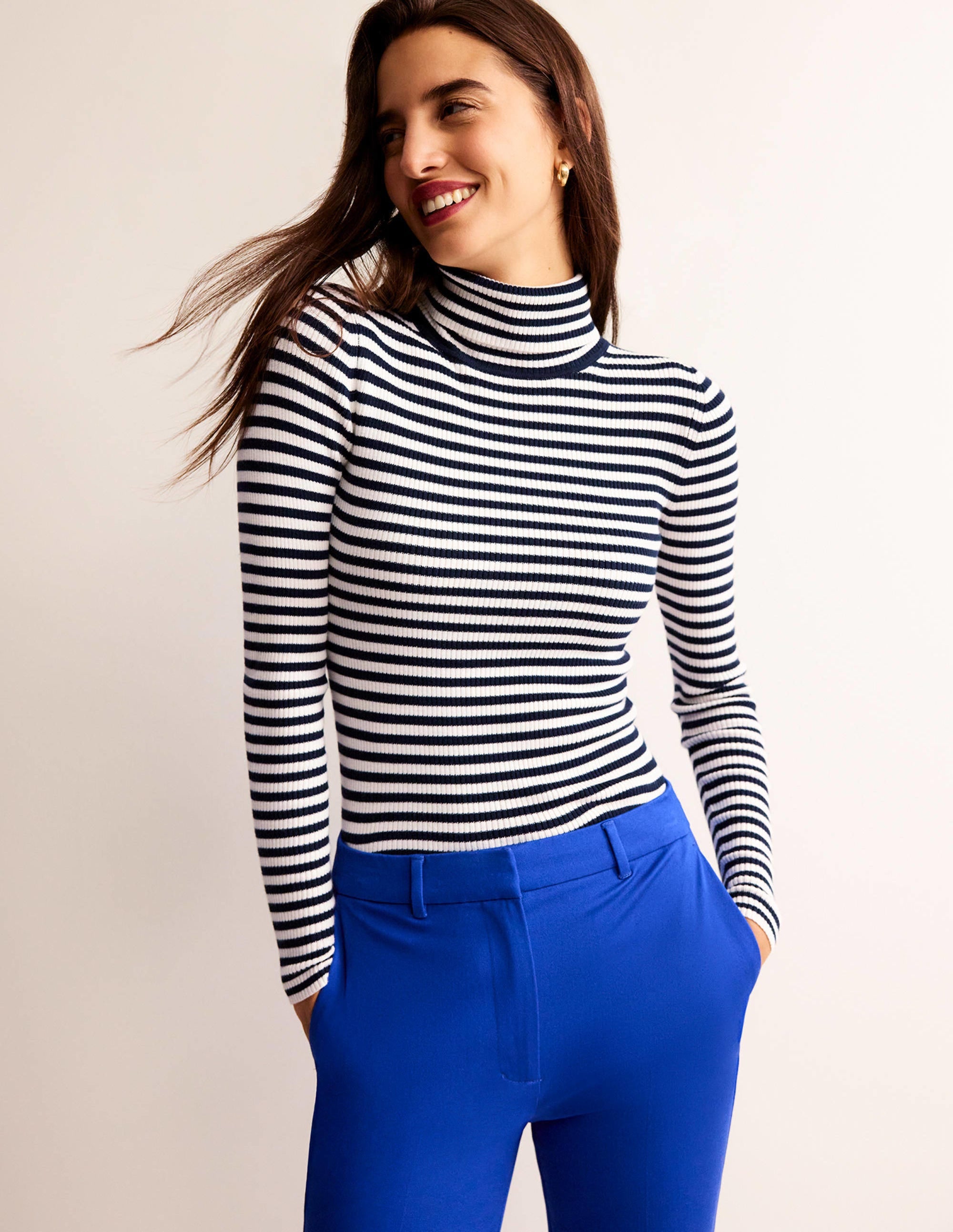 Catriona Roll Neck Jumper-Navy and Ivory - Image 1