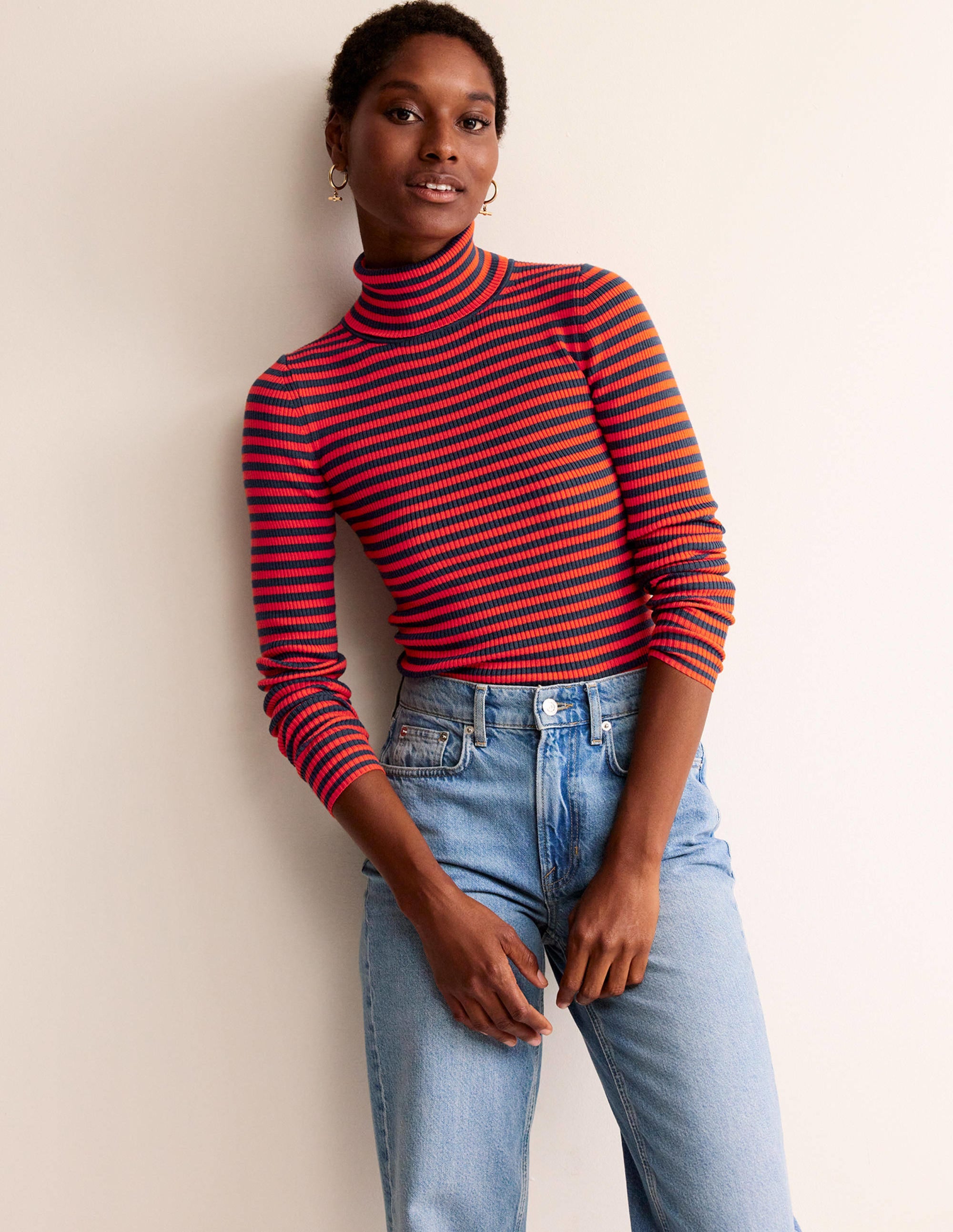 Catriona Roll Neck Jumper-French Navy / Fiesta Orange - Image 4