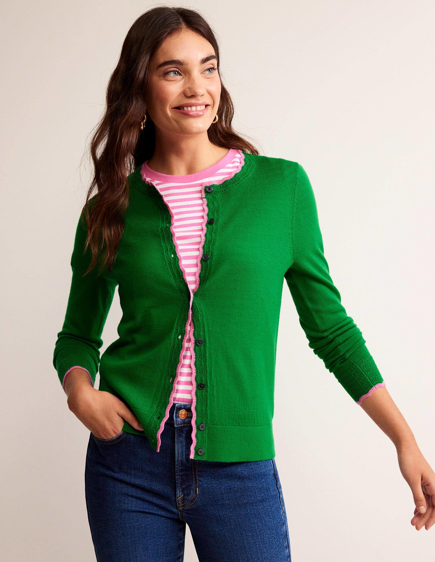 Merino Scallop Cardigan-Meadow Green