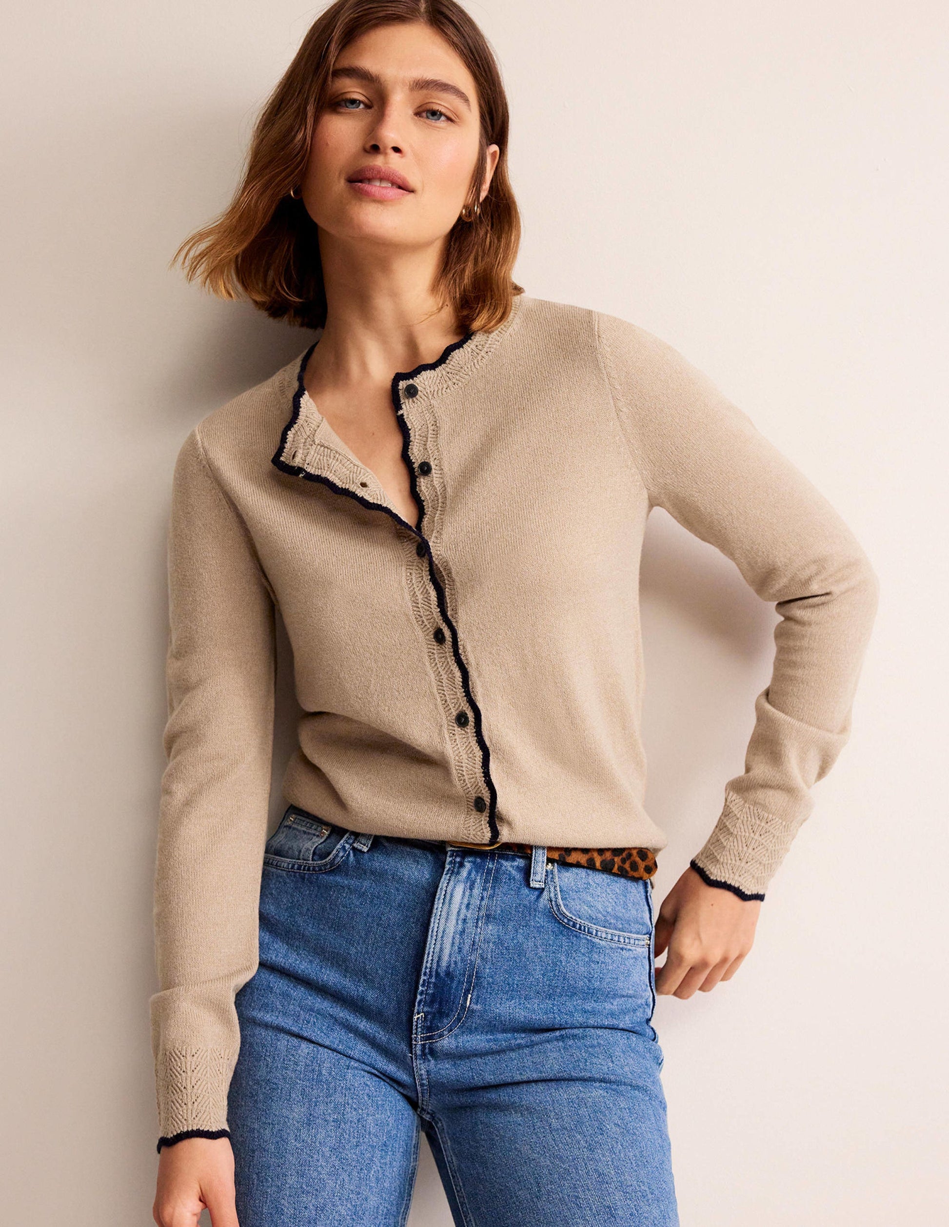 Merino Scallop Cardigan-Camel Melange-4