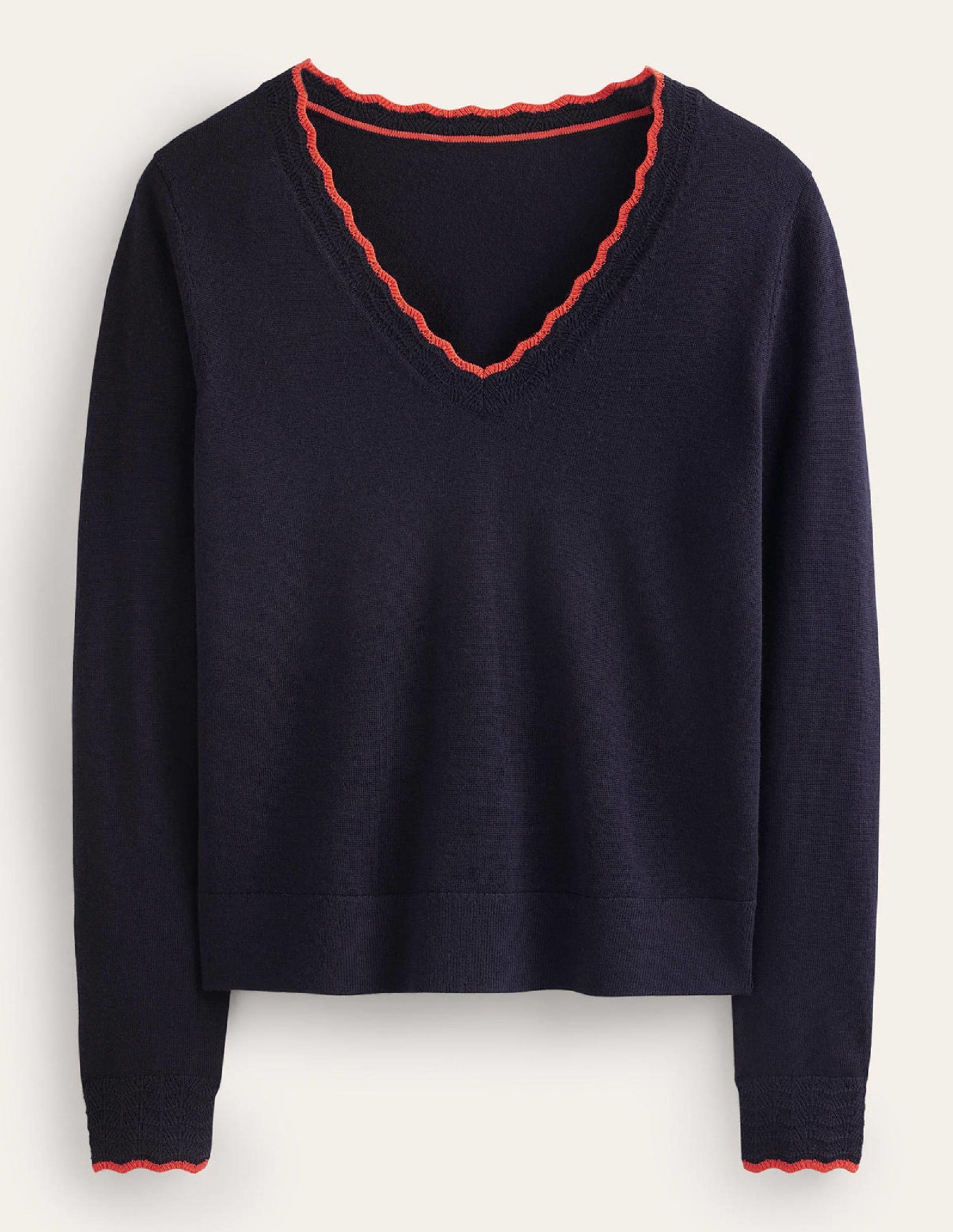 Merino Scallop V-Neck Jumper-Navy