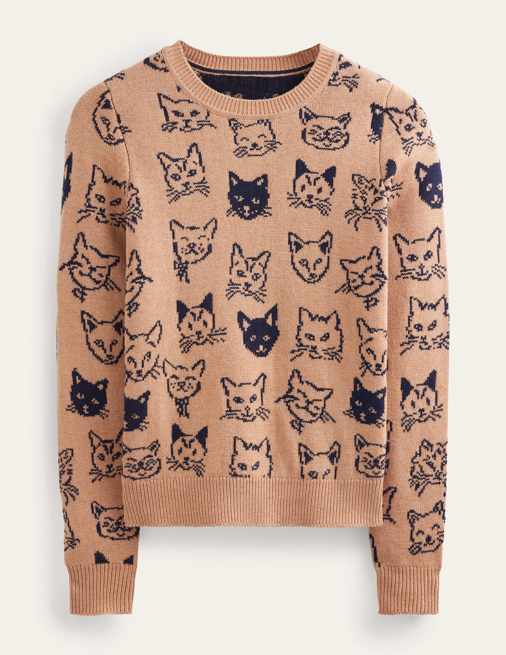 Heather Jacquard Jumper-Camel and Navy, Cats - Image 5