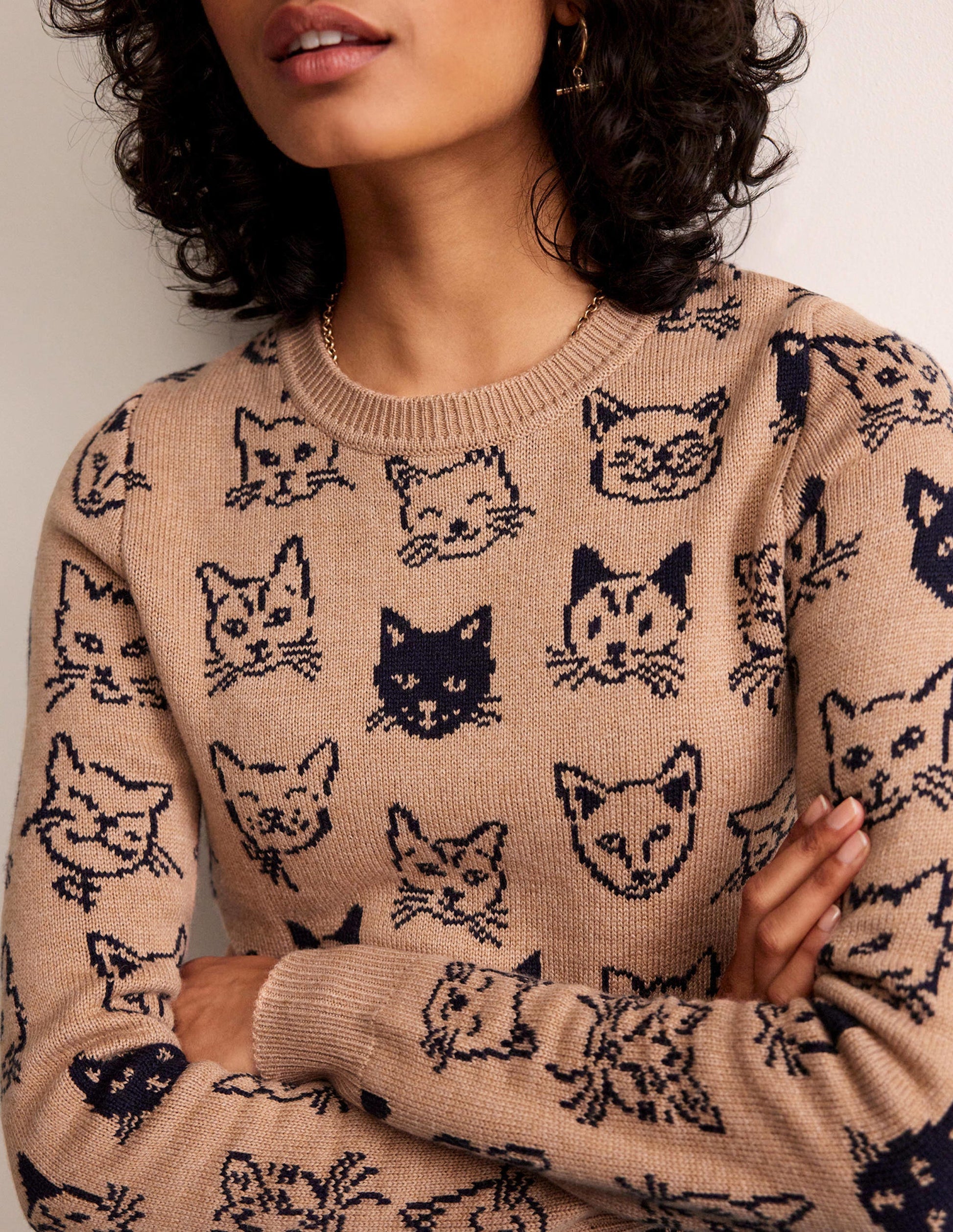 Heather Jacquard Jumper-Camel and Navy, Cats-2