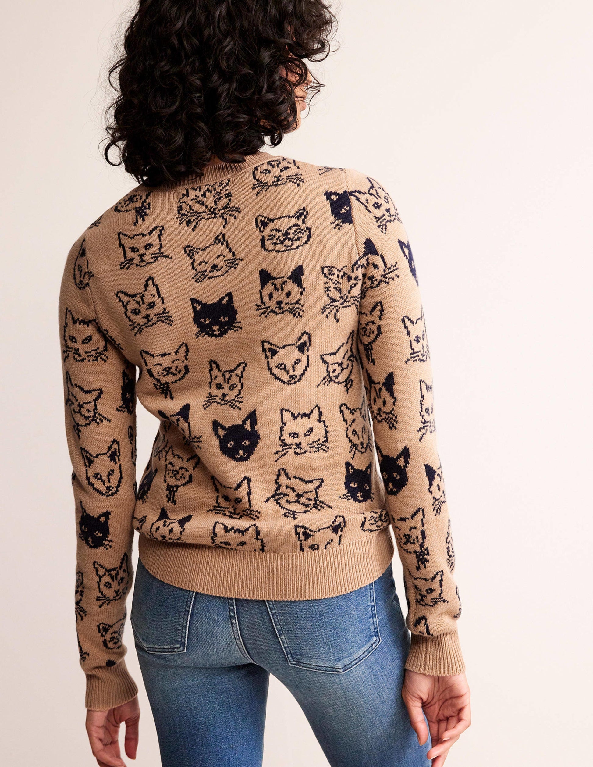 Heather Jacquard Jumper-Camel and Navy, Cats-3