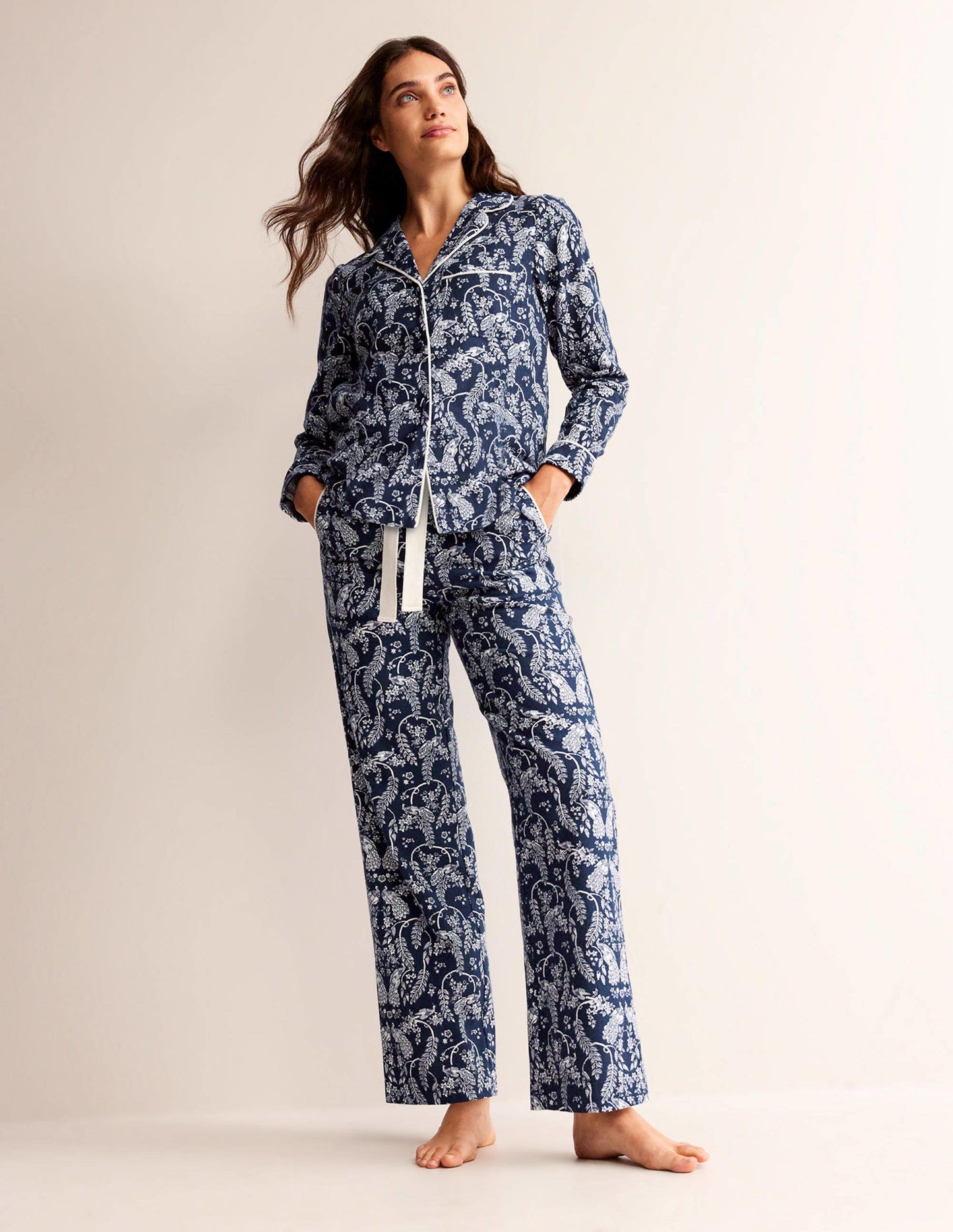 Brushed Cotton Pyjama Trousers-French Navy, Peacock
