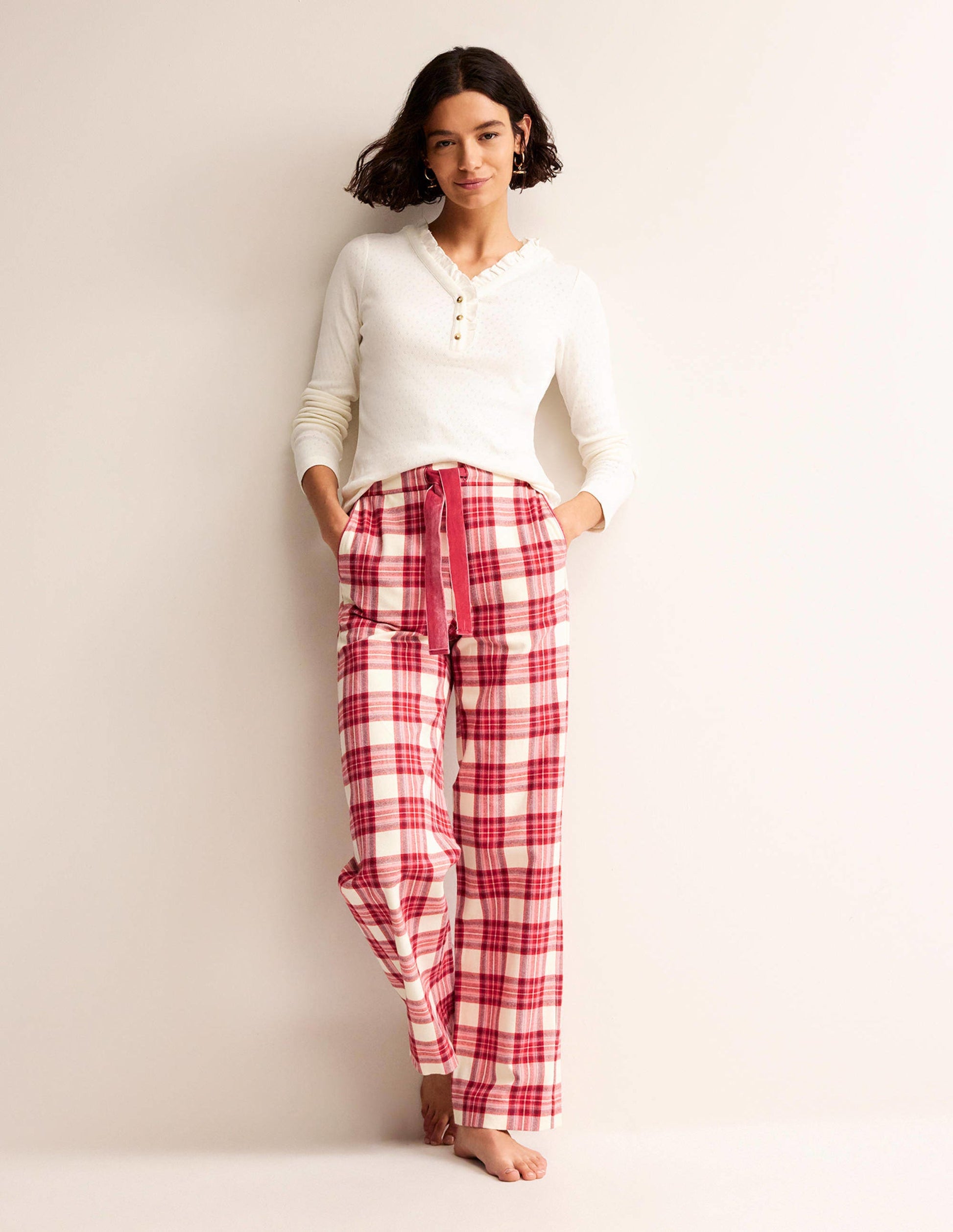 Brushed Cotton Pyjama Trousers-Tonal Reds Check-1