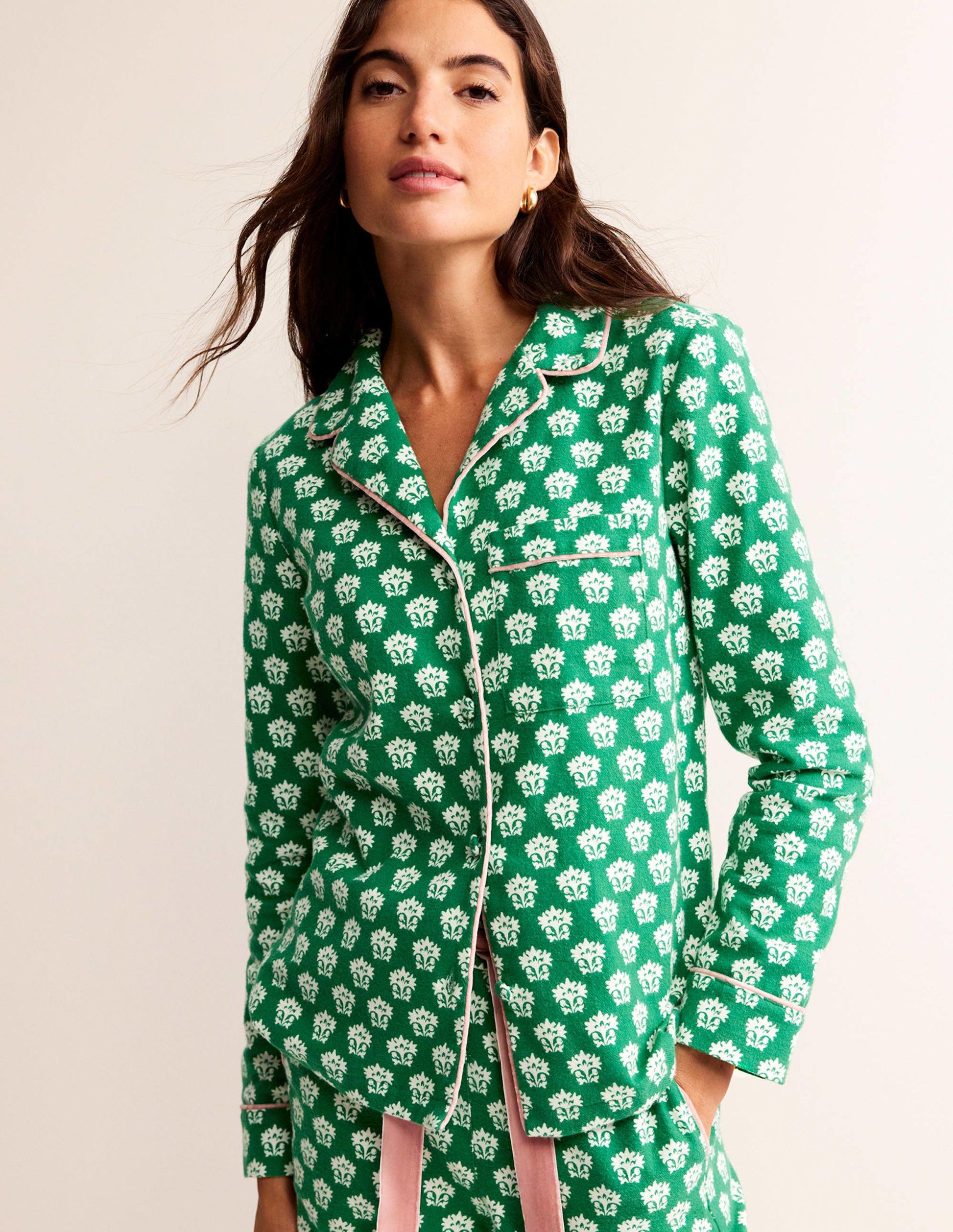 Brushed Cotton Pyjama Shirt-Veridian Green, Lily-2