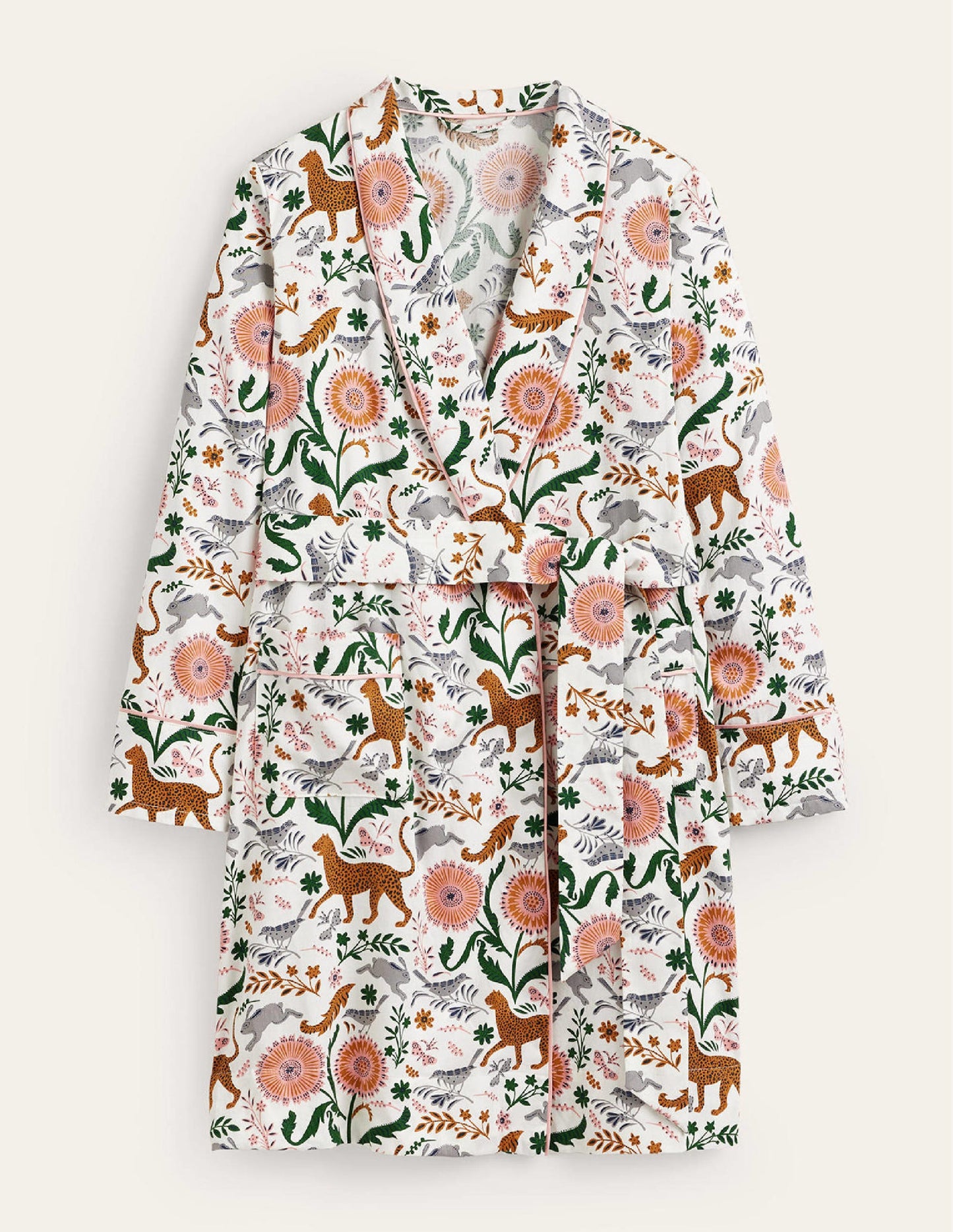 Cotton-Sateen Dressing Gown-Ivory, Jungle Flora