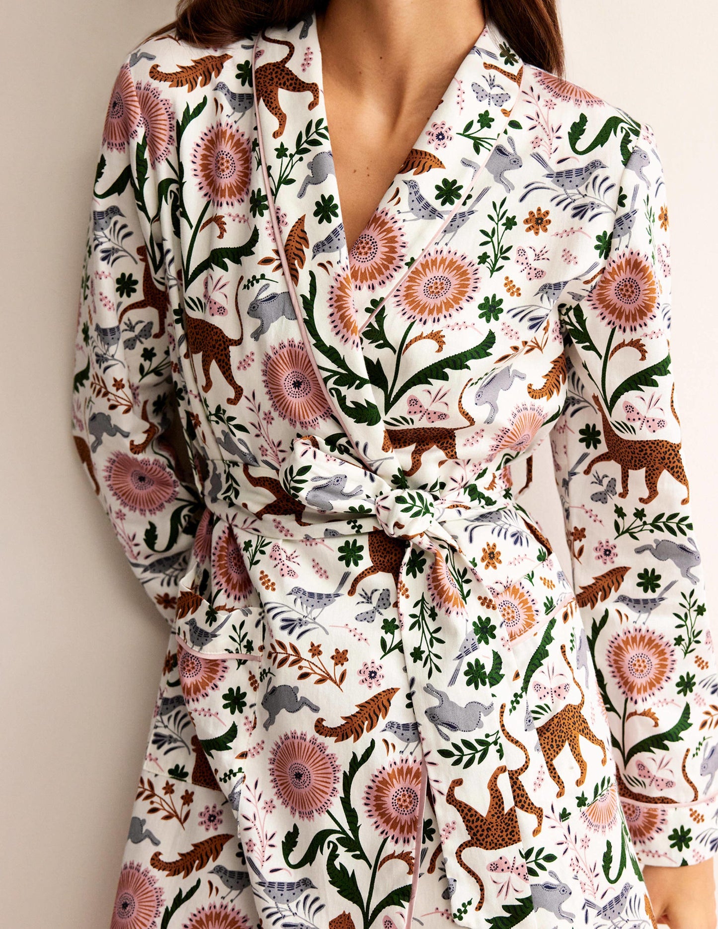 Cotton-Sateen Dressing Gown-Ivory, Jungle Flora