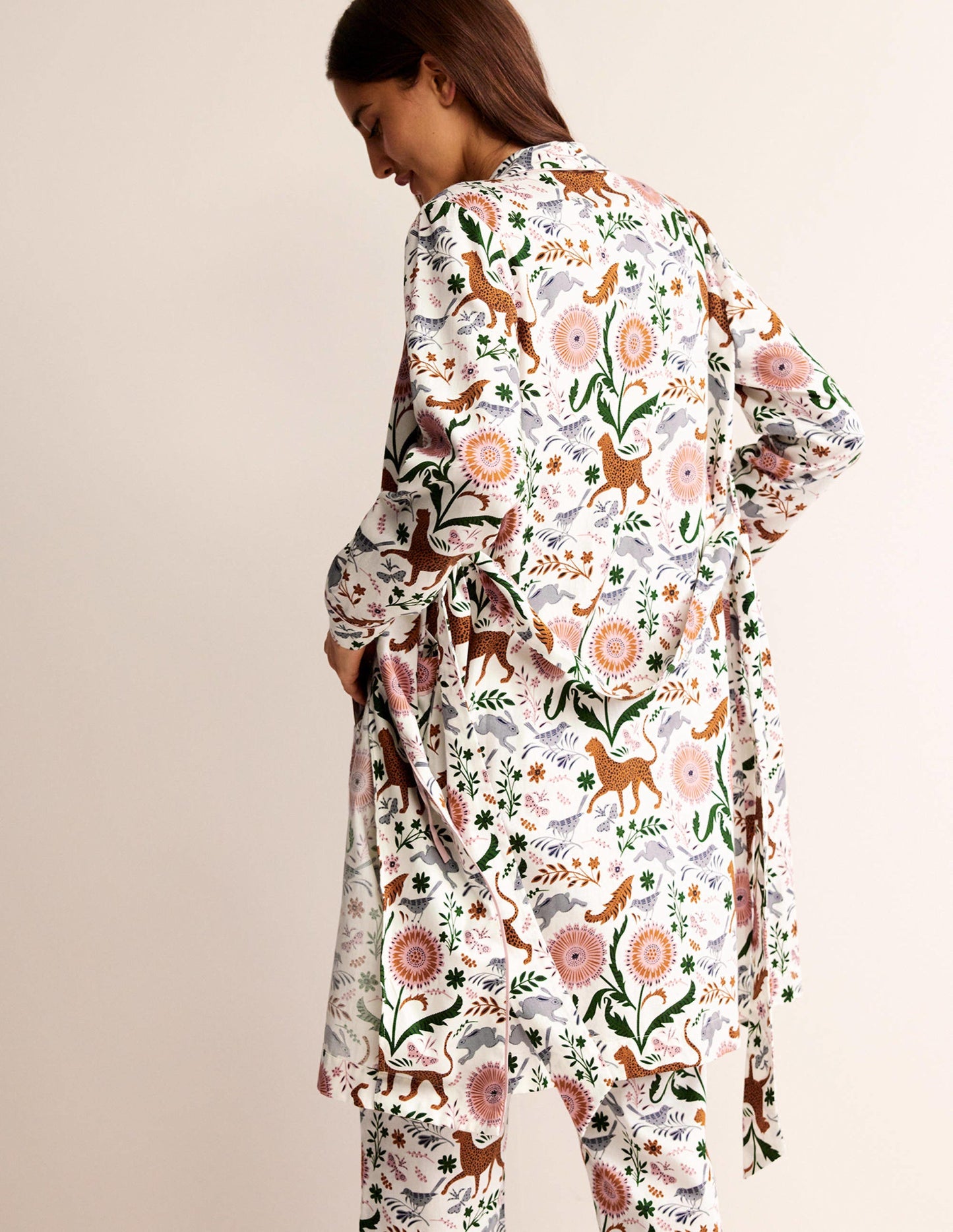 Cotton-Sateen Dressing Gown-Ivory, Jungle Flora
