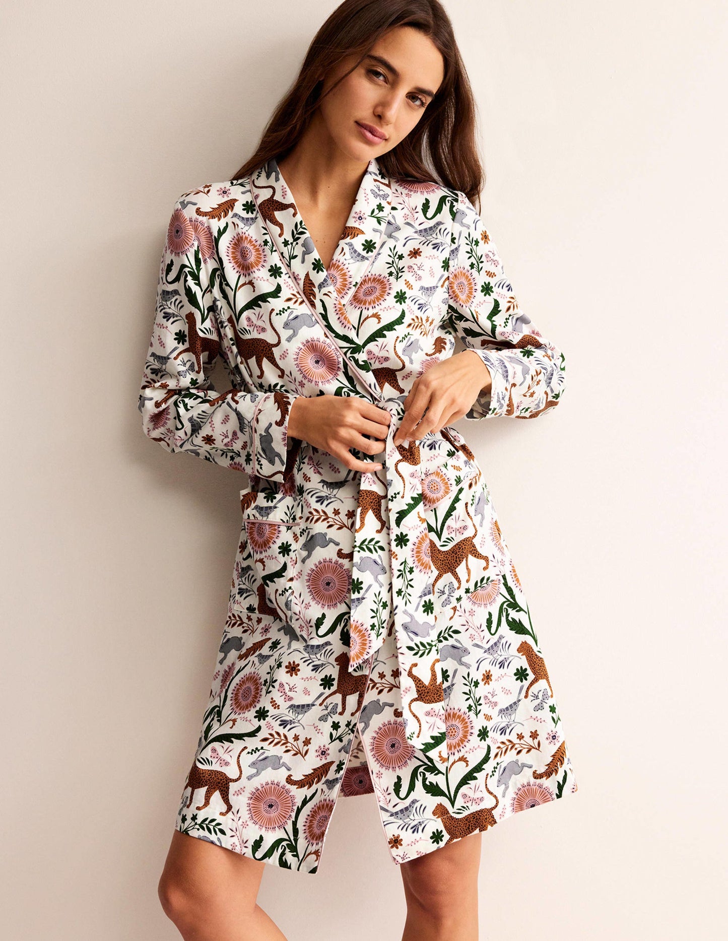 Cotton-Sateen Dressing Gown-Ivory, Jungle Flora