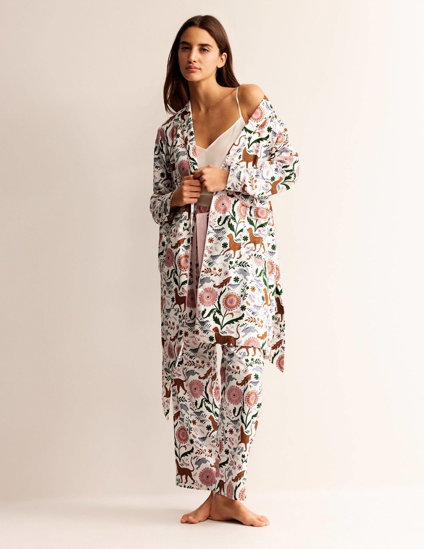 Cotton-Sateen Dressing Gown-Ivory, Jungle Flora