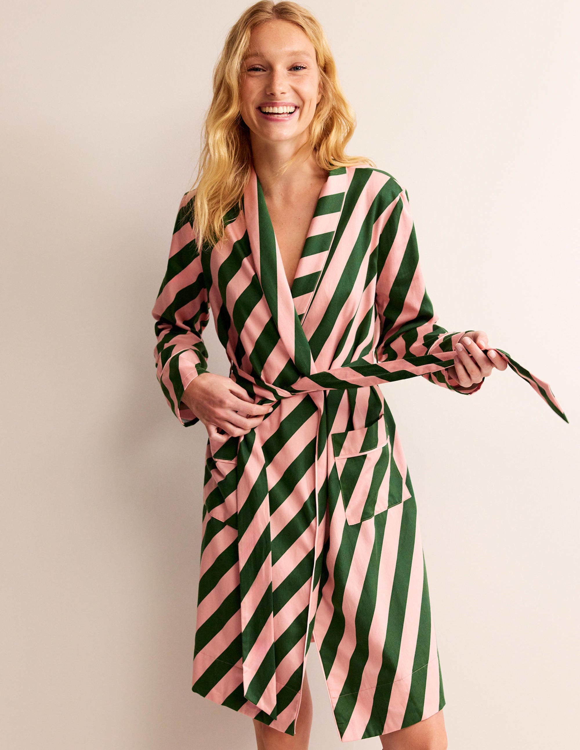 Cotton-Sateen Dressing Gown-Rosette Pink, Amazon Green - Image 4