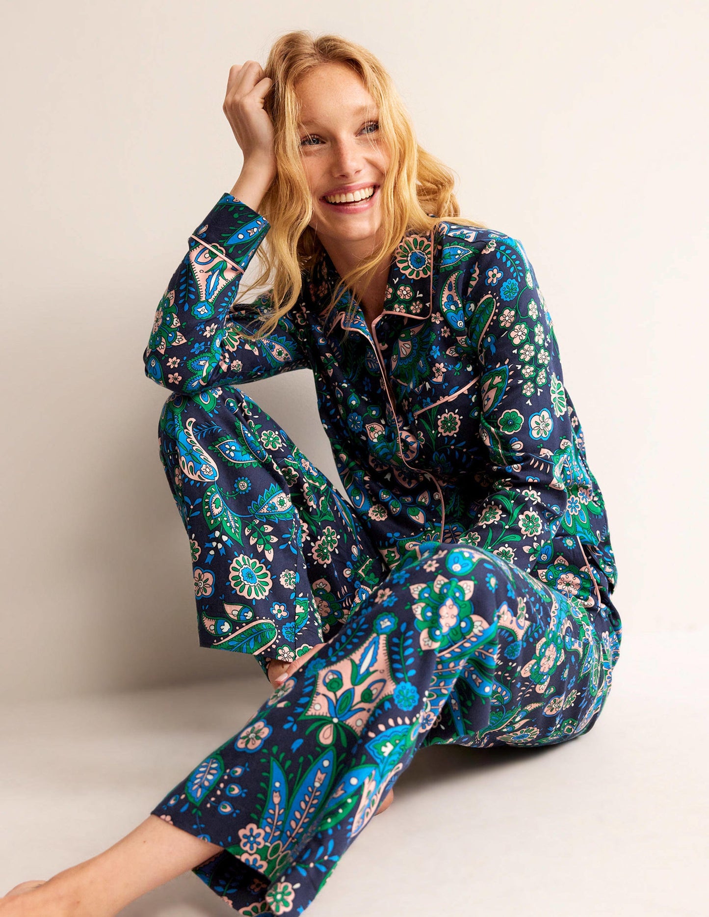 Cotton Sateen Pyjama Trousers-Multi, Azalea Bloom
