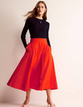 Taffeta Pull-on Midi Skirt-Red
