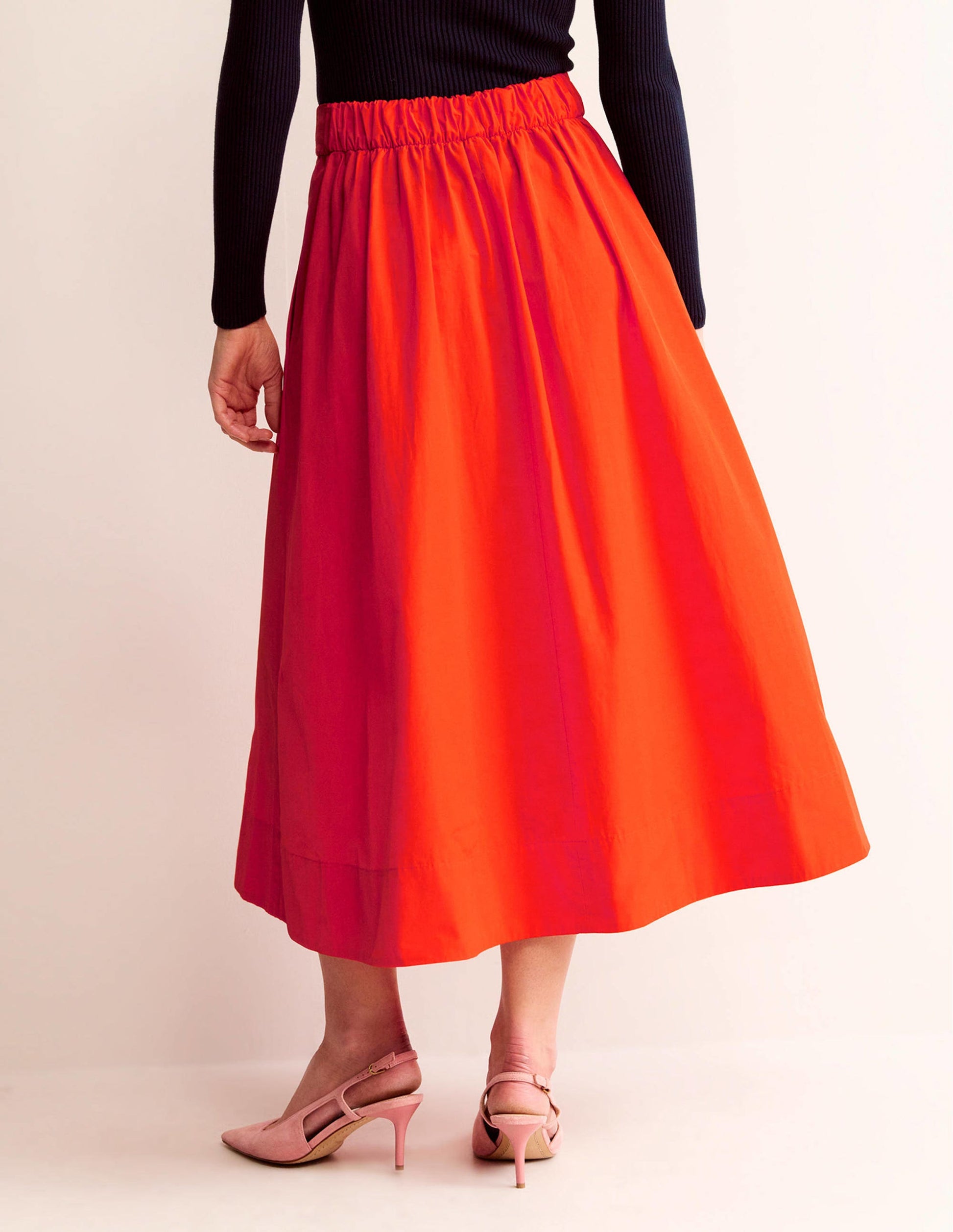 Taffeta Pull-on Midi Skirt-Red-3