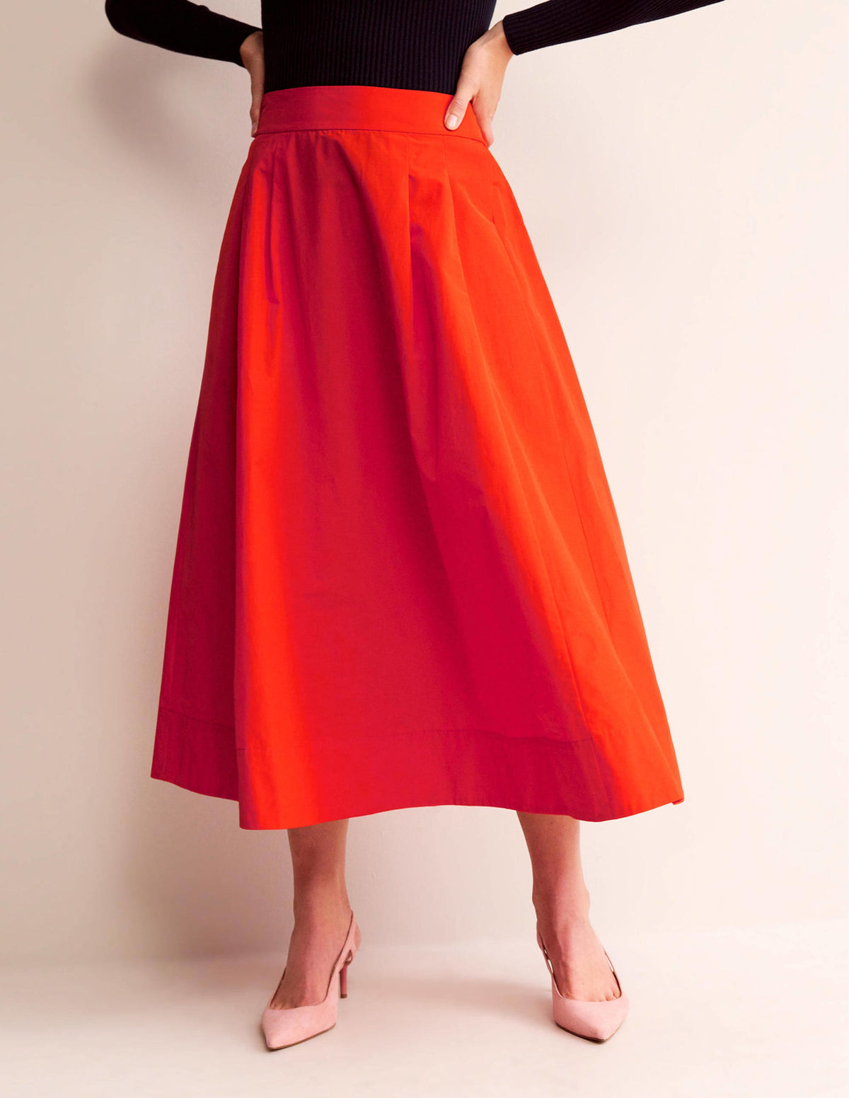 Taffeta Pull-on Midi Skirt-Red-4