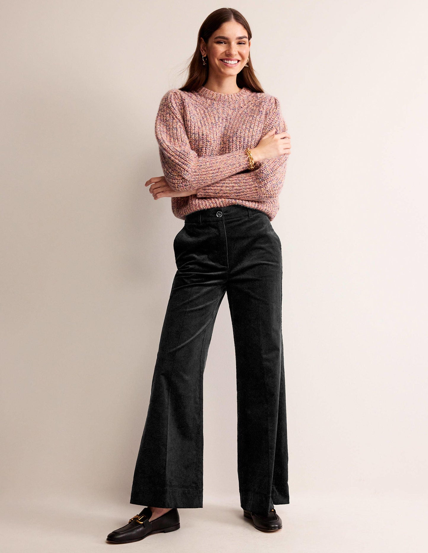 Wide-Leg Corduroy Trousers-Black