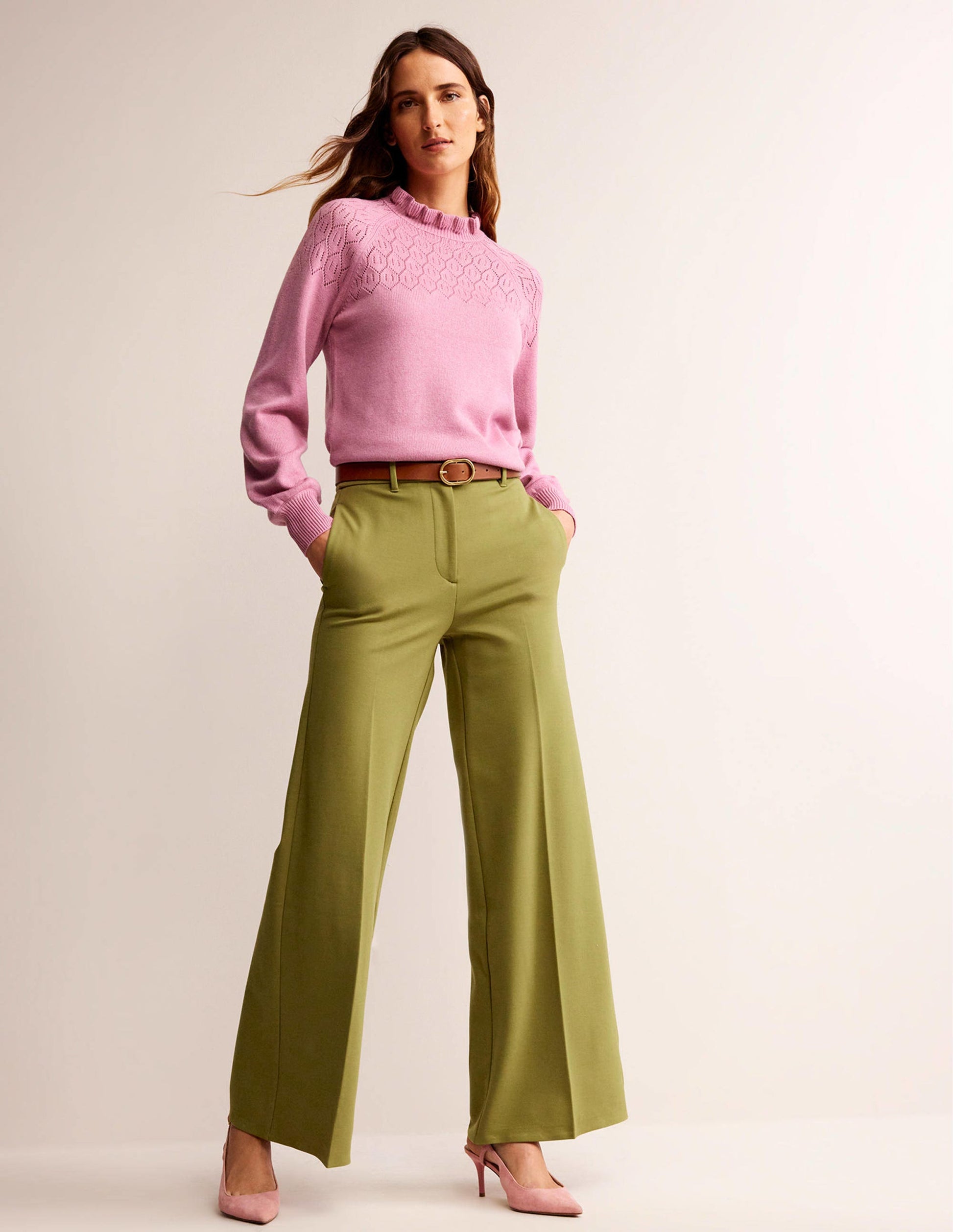 Wide Leg Ponte Trousers-Green Olive-1
