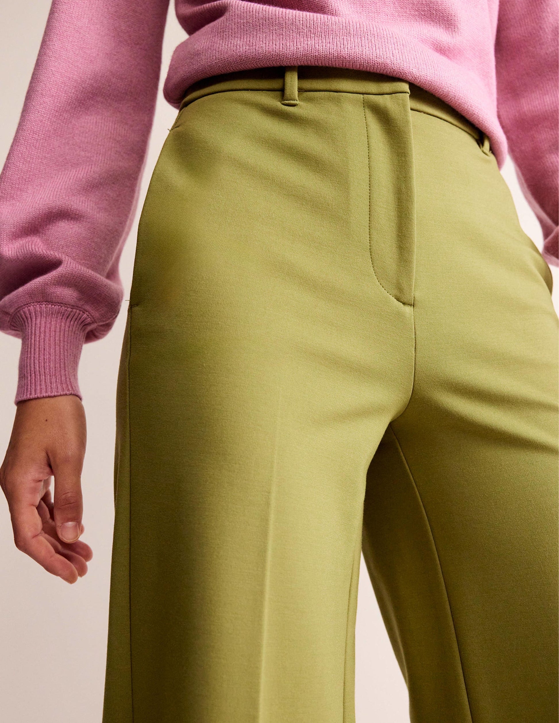 Wide Leg Ponte Trousers-Green Olive-2