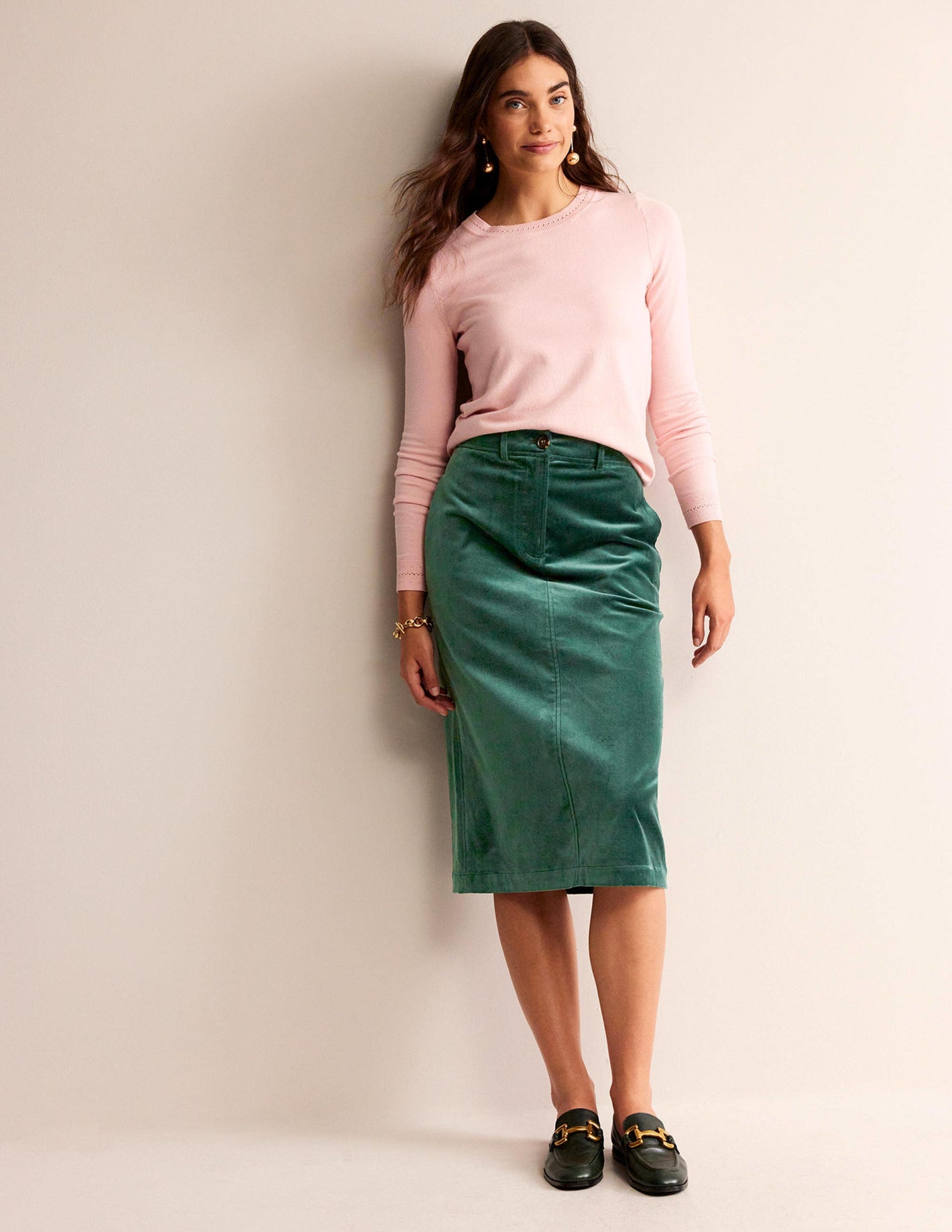 Margot Velvet Midi Skirt-Evergreen