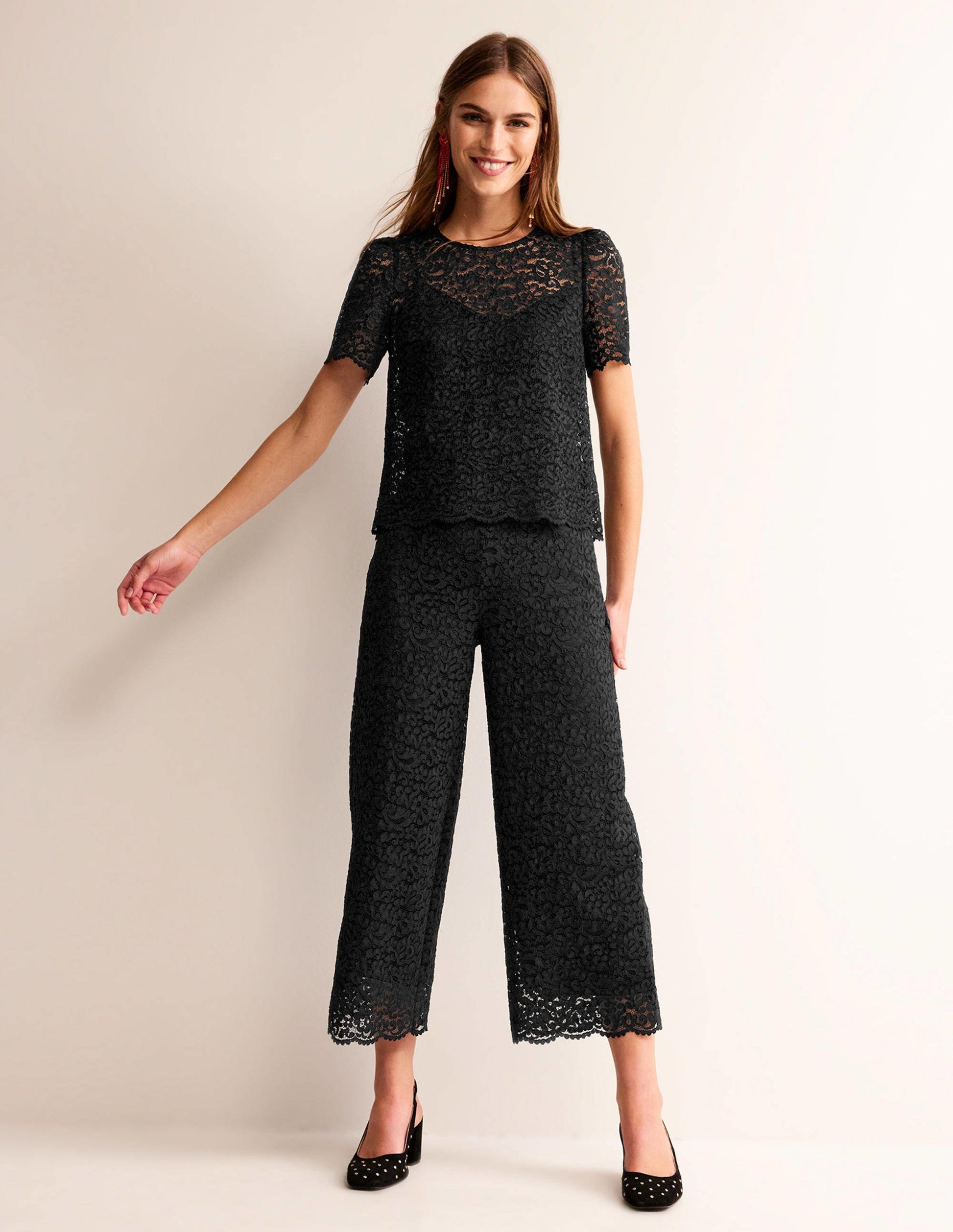 Cropped Wide-Leg Lace Trousers-Black-1