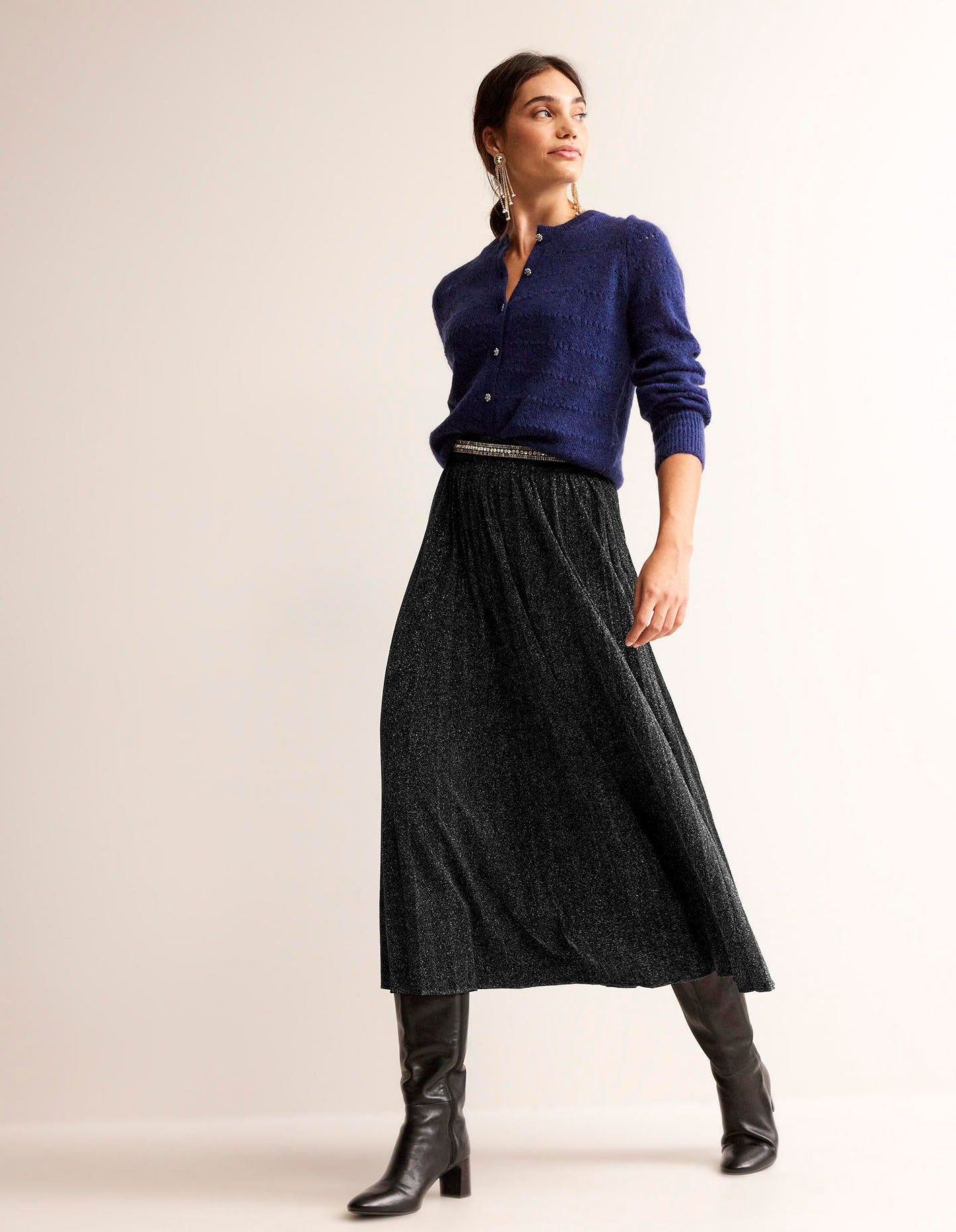 Jersey Metallic Pleated Skirt-Black Sparkle