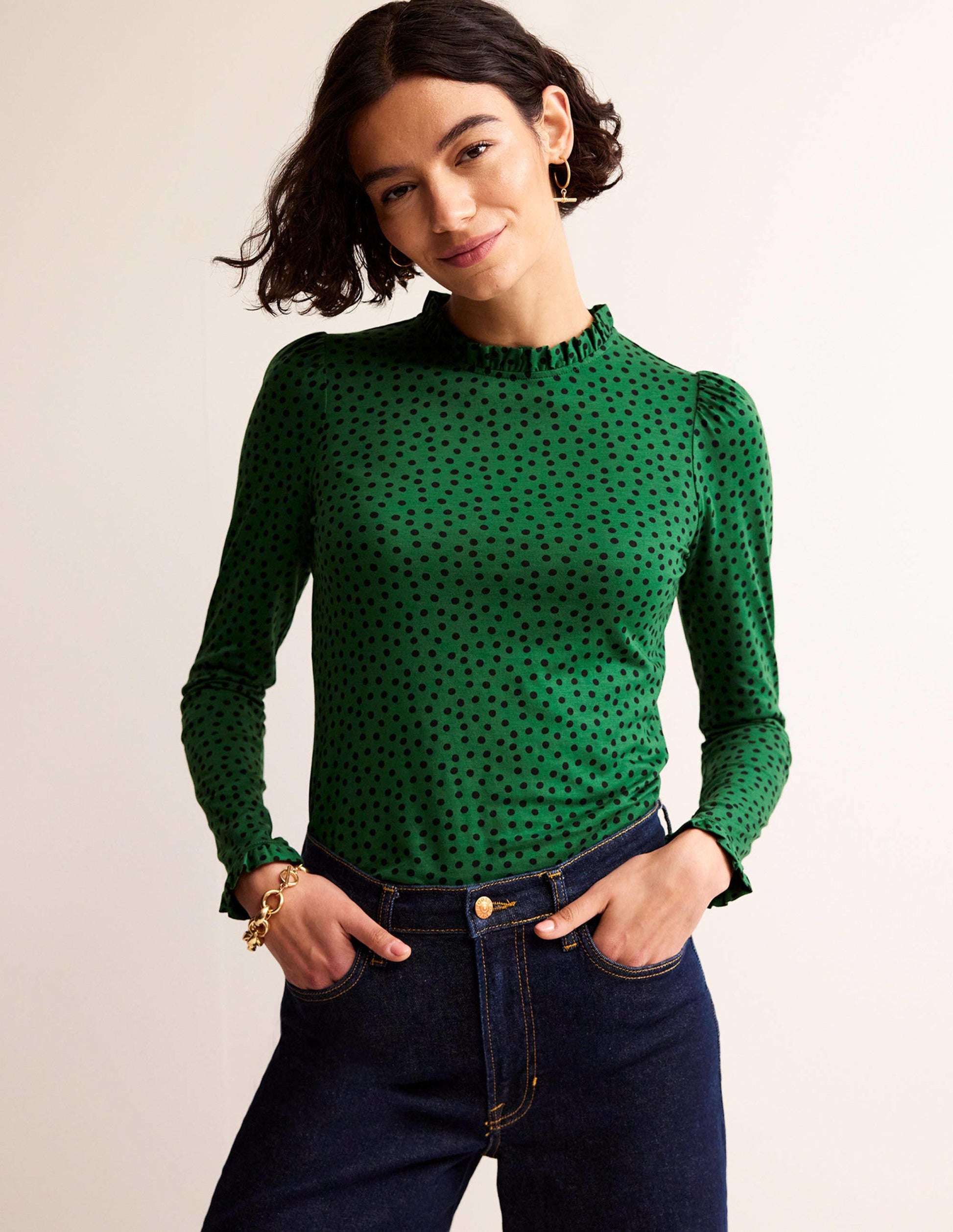 Supersoft Frill Detail Top-Amazon Green, Abstract Dot-1