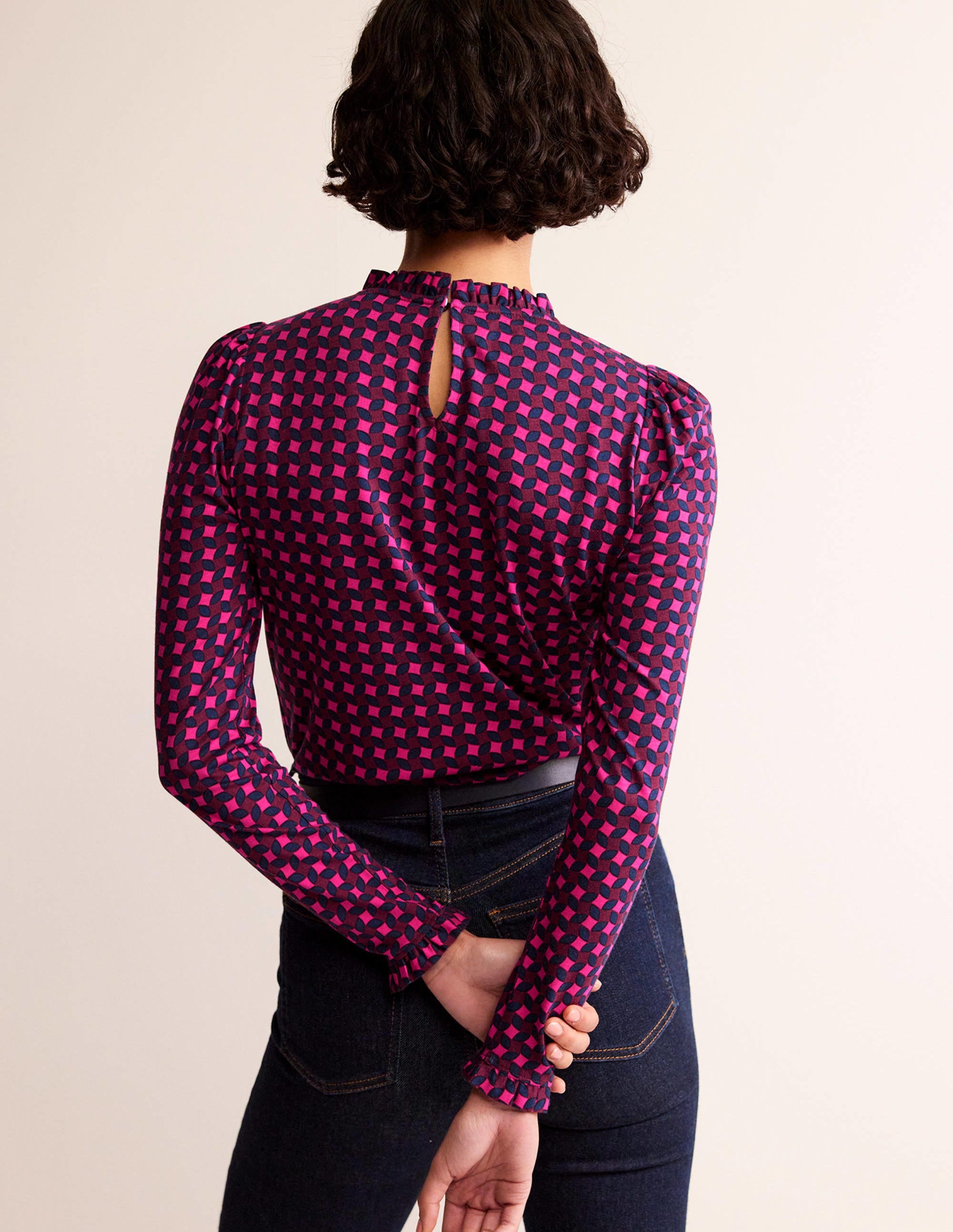 Supersoft Frill Detail Top-Vibrant Pink, Abstract Diamond - Image 3