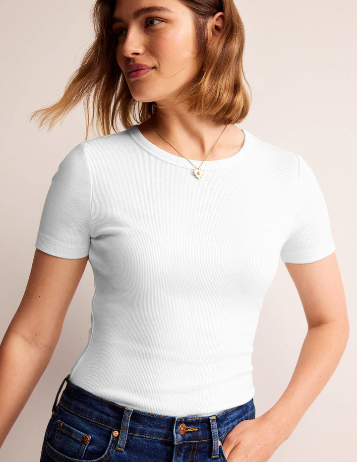 Cotton Ribbed T-Shirt-White