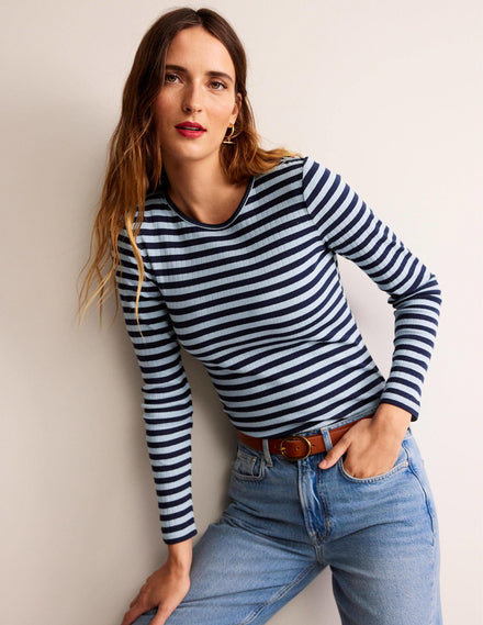 Anna Rib Crew T-Shirt-Heron Blue, French Navy