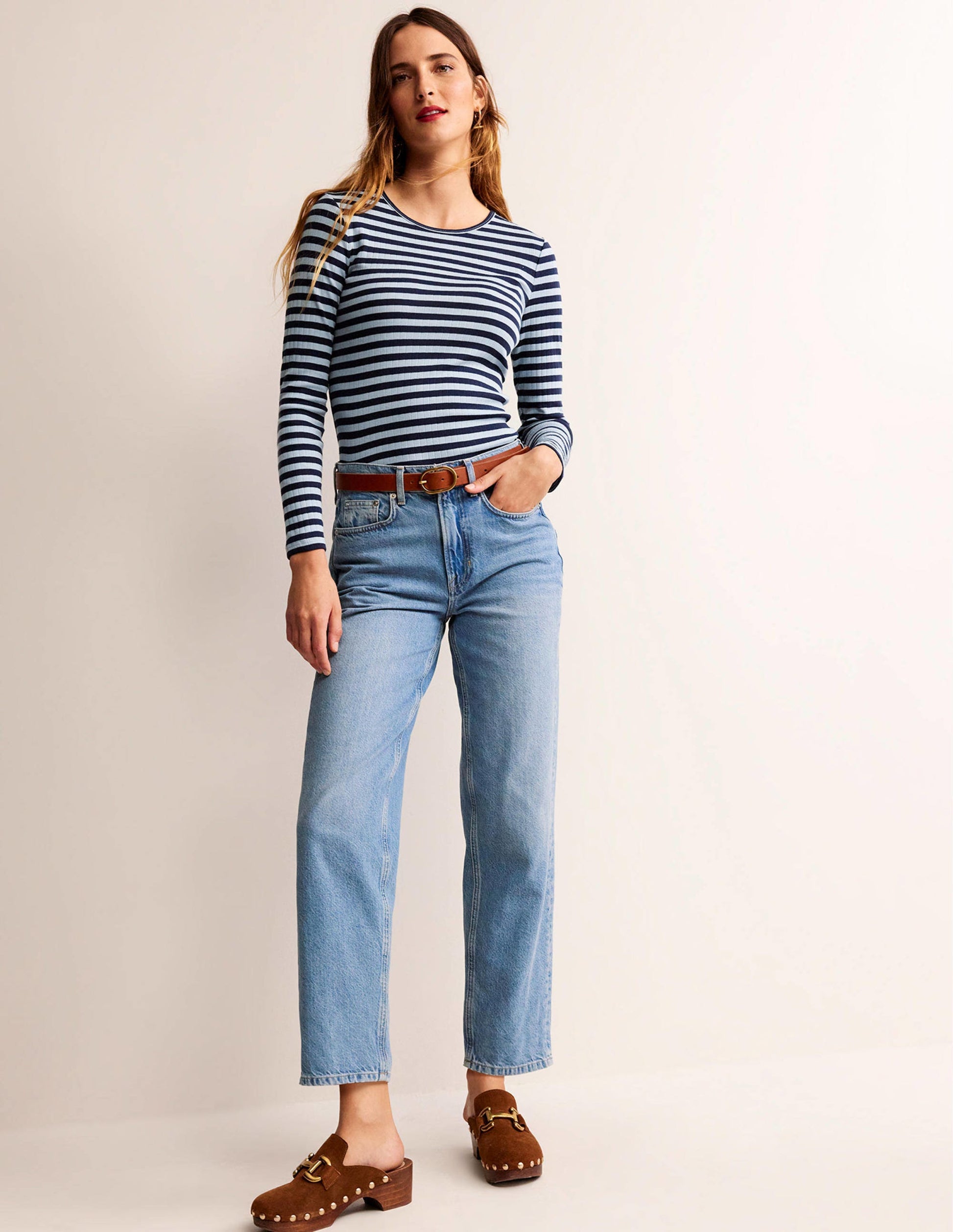 Anna Rib Crew T-Shirt-Heron Blue, French Navy-4