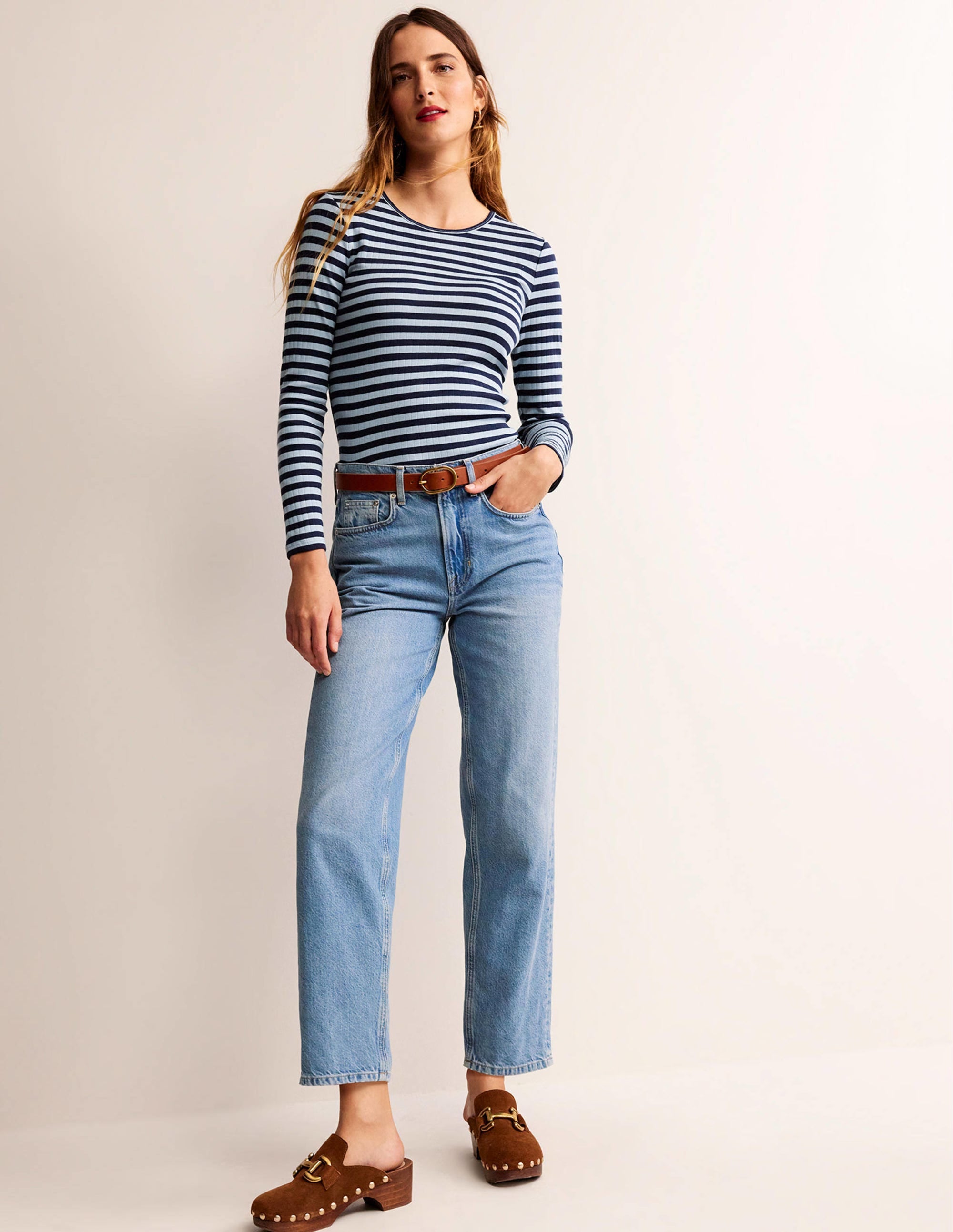 Anna Rib Crew T-Shirt-Heron Blue, French Navy - Image 4